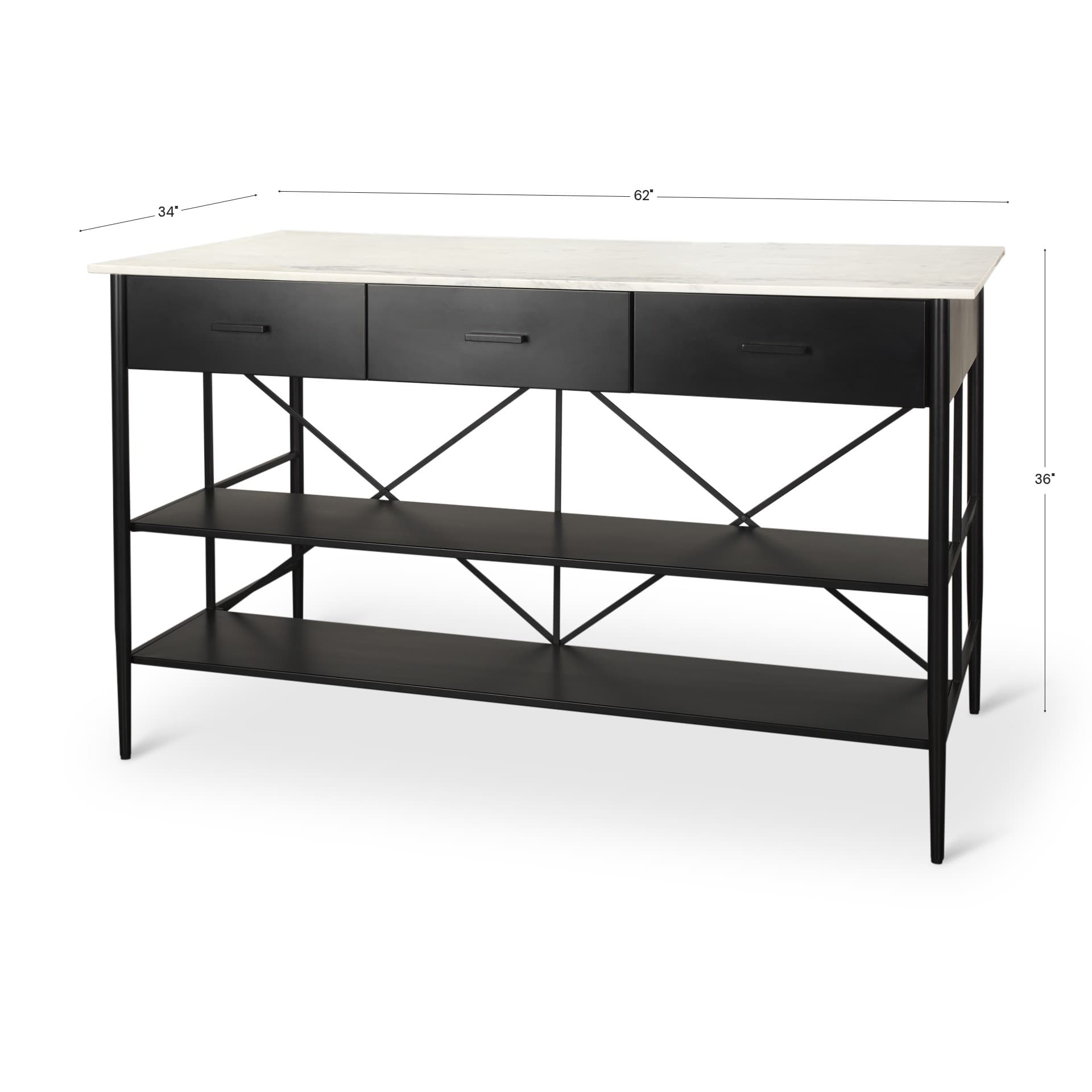 Amika White Marble Top Black Metal Base Kitchen Island — product photograph