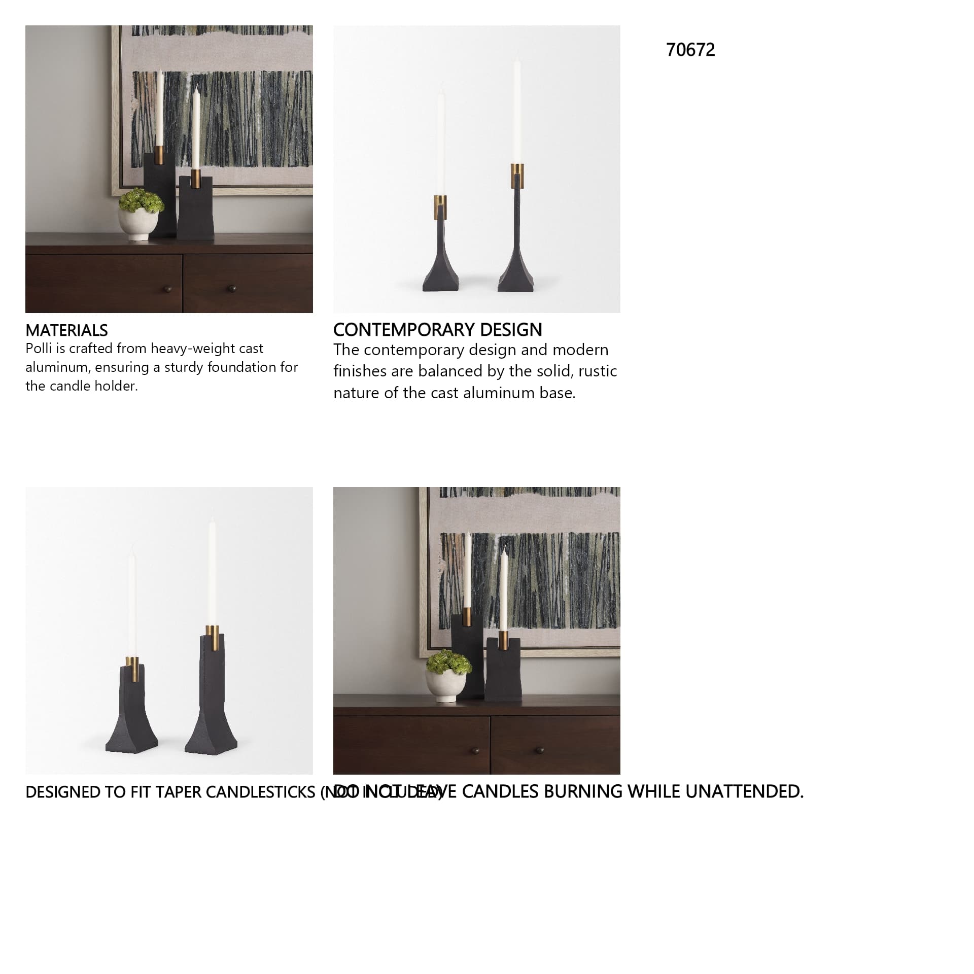 Polli Matte Black w/ Brushed Gold Metal Taper Candleholders (Set of 2) — in a styled room