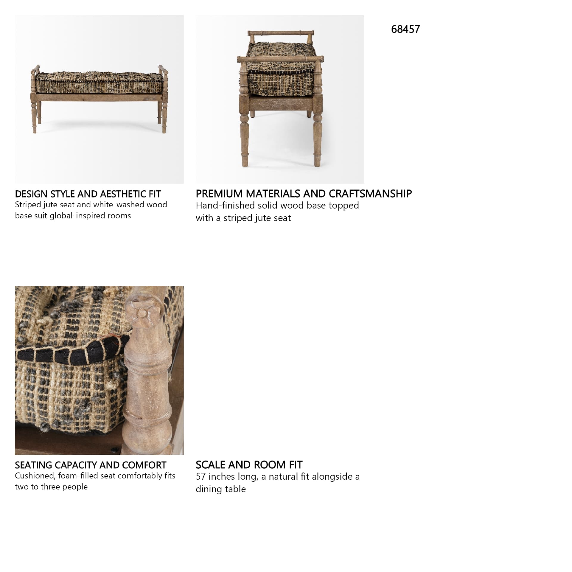 Fullerton II 57L x 21W Jute Patterned Top W/Brown Wood Base Accent Bench — in a styled room