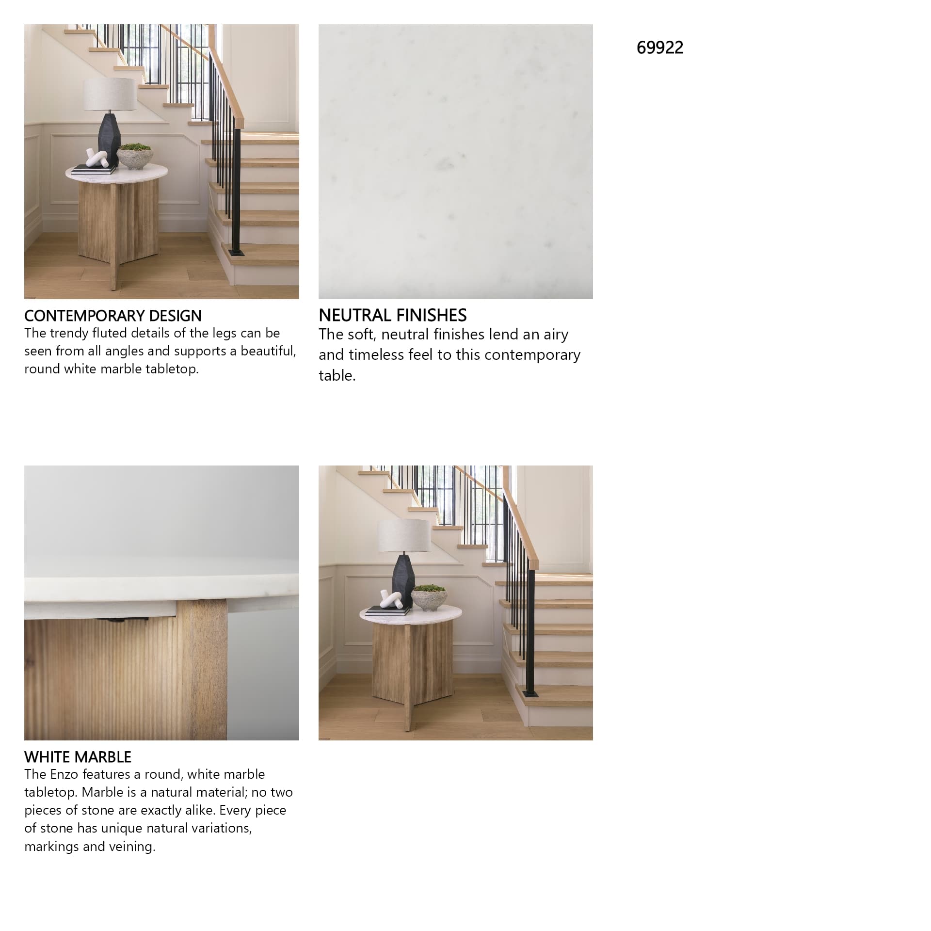 Enzo Marble Tabletop w/ Fluted Light Wood Base Foyer Accent Table — in a styled room