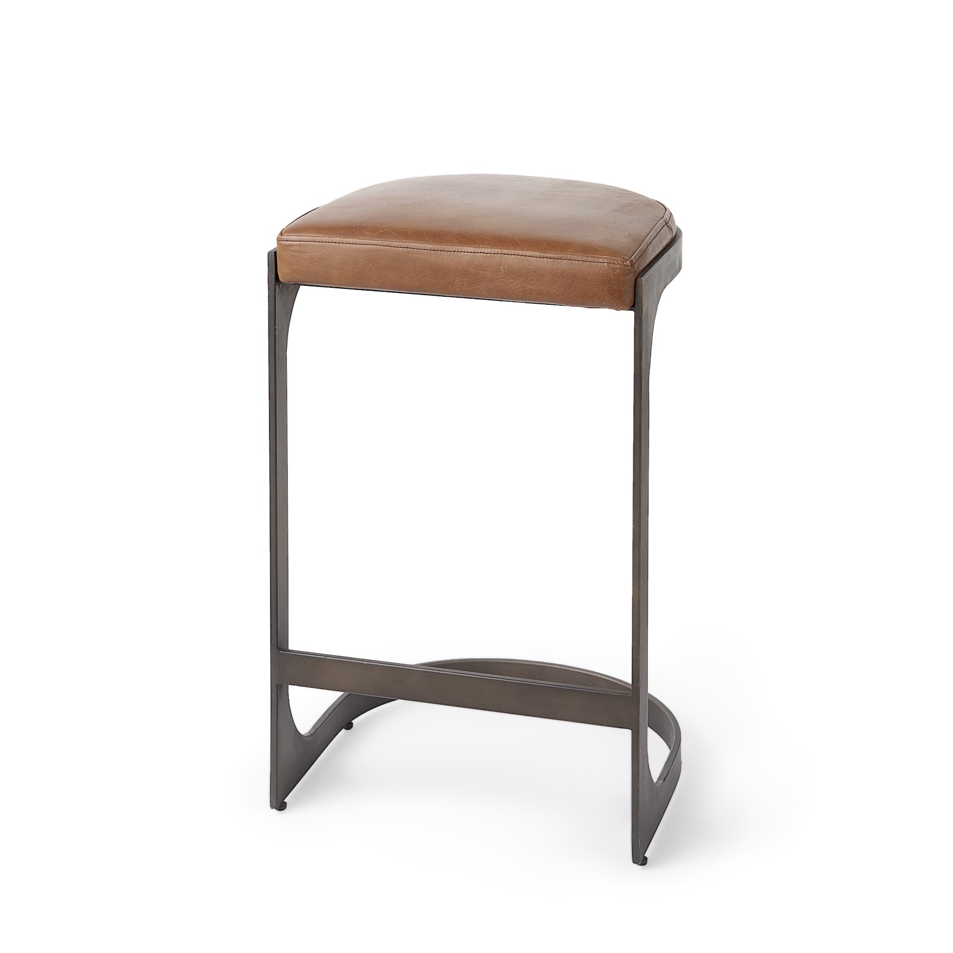 Tyson Backless 27.5in Seat Counter Stool | Brown Leather w/ Metal — product photograph
