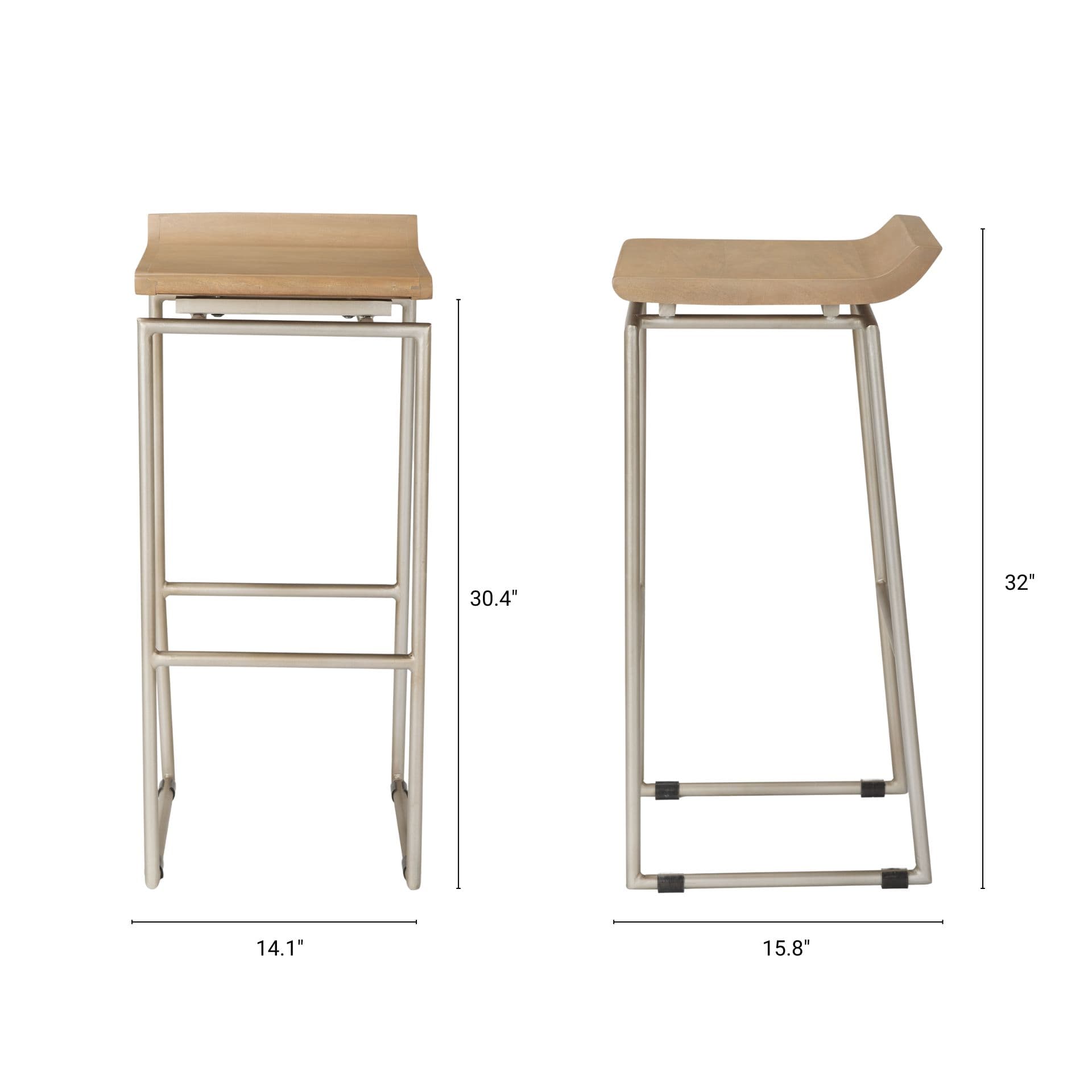 Givens Low Back 32in Seat Bar Stool | Brown Wood w/ Silver Metal — product photograph