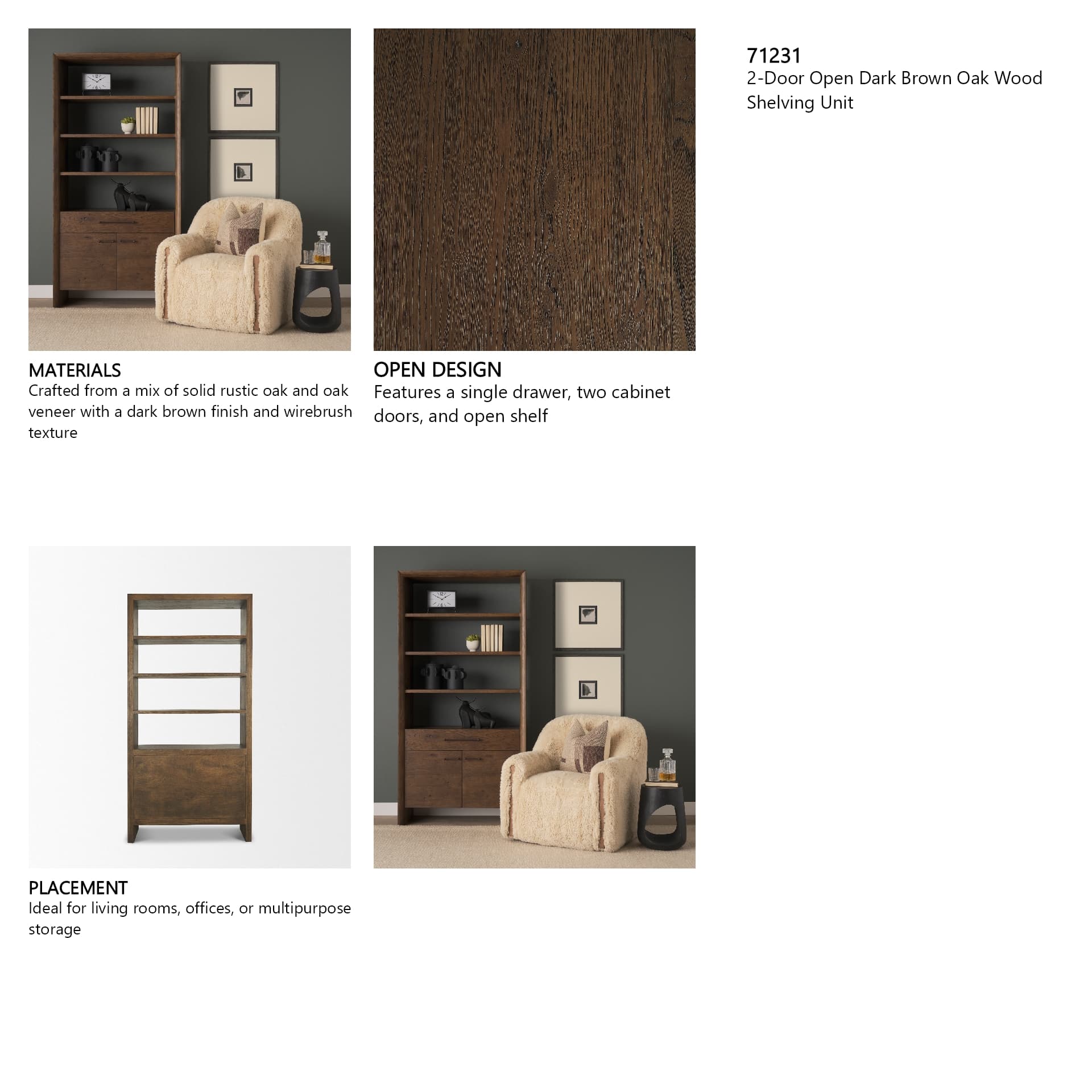 Belford 2-Door Open Dark Brown Oak Wood Shelving Unit — in a styled room