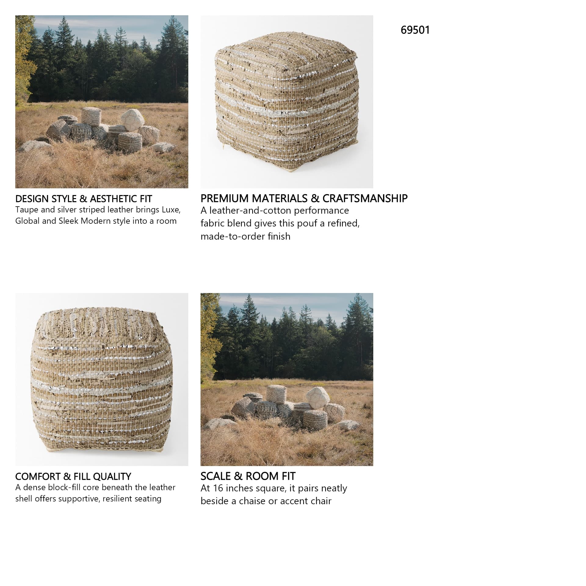 Aadhya 16.0L x 16.0W x 16.0H Taupe/Silver Leather and Cotton Pouf — in a styled room