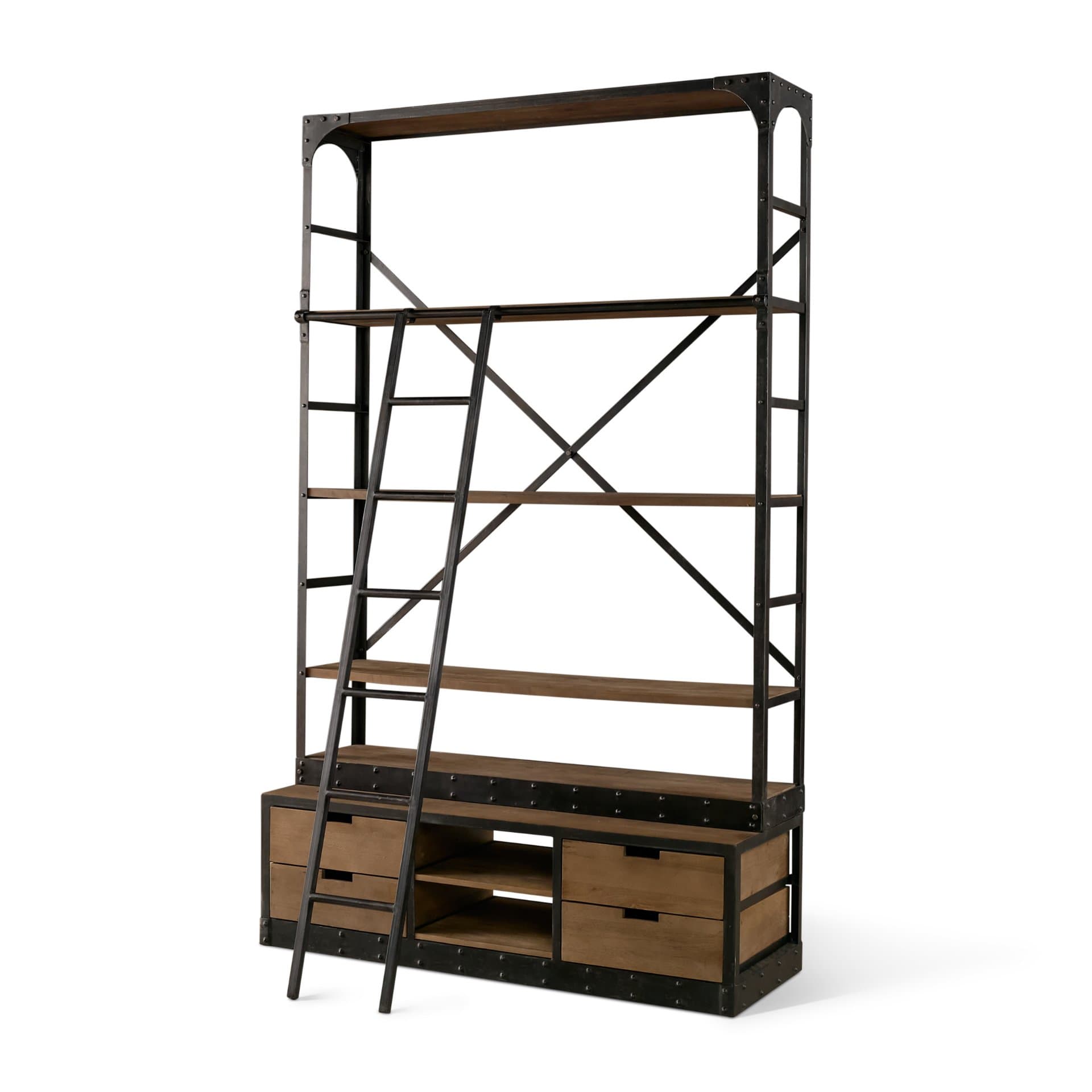 Brodie VIII 57L x 20.5W x 94H Brown Wood Gun-Metal Ladder Four Shelf Shelving Unit — product photograph