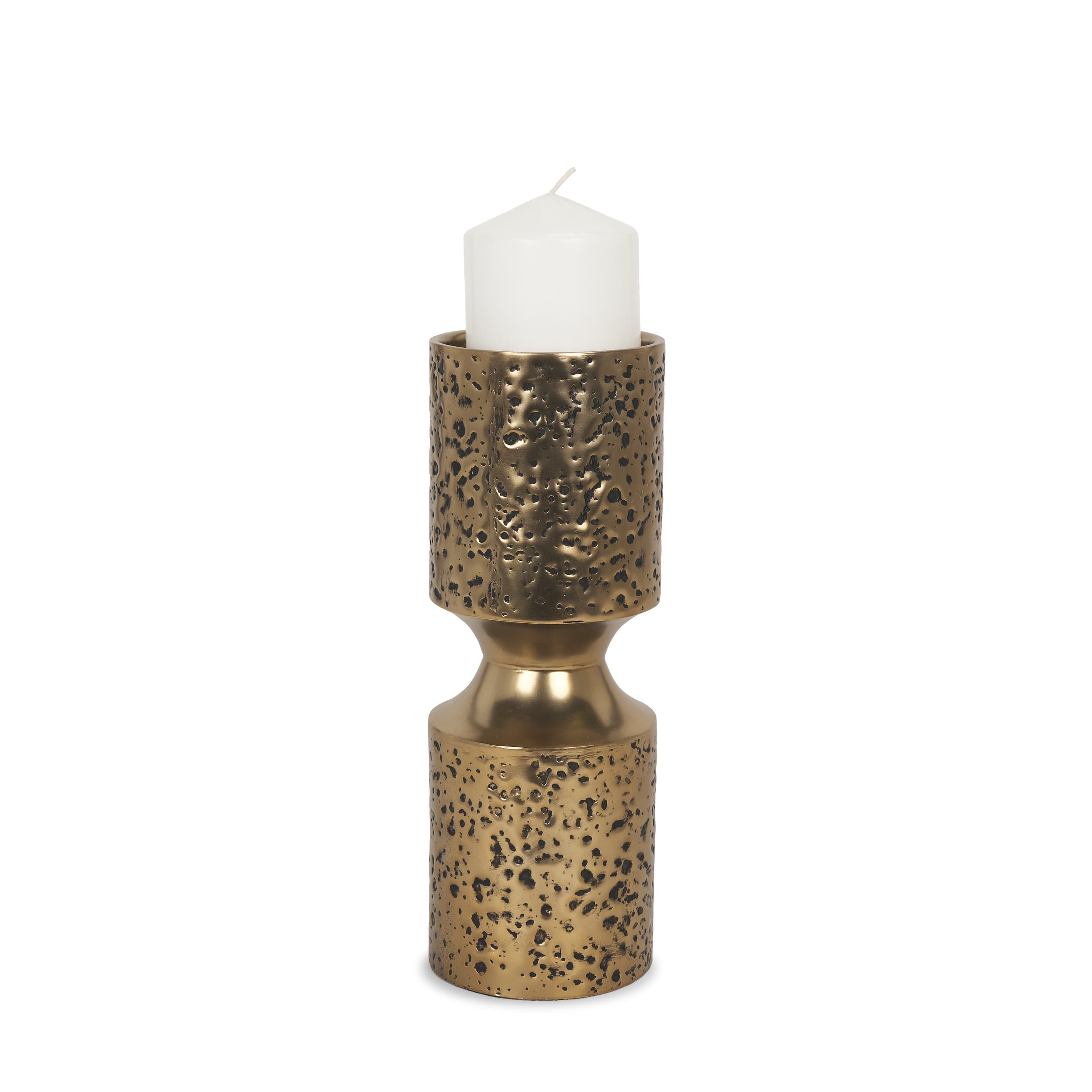 Akira Small Hammered Gold Metal Pillar Candle Holder — product photograph