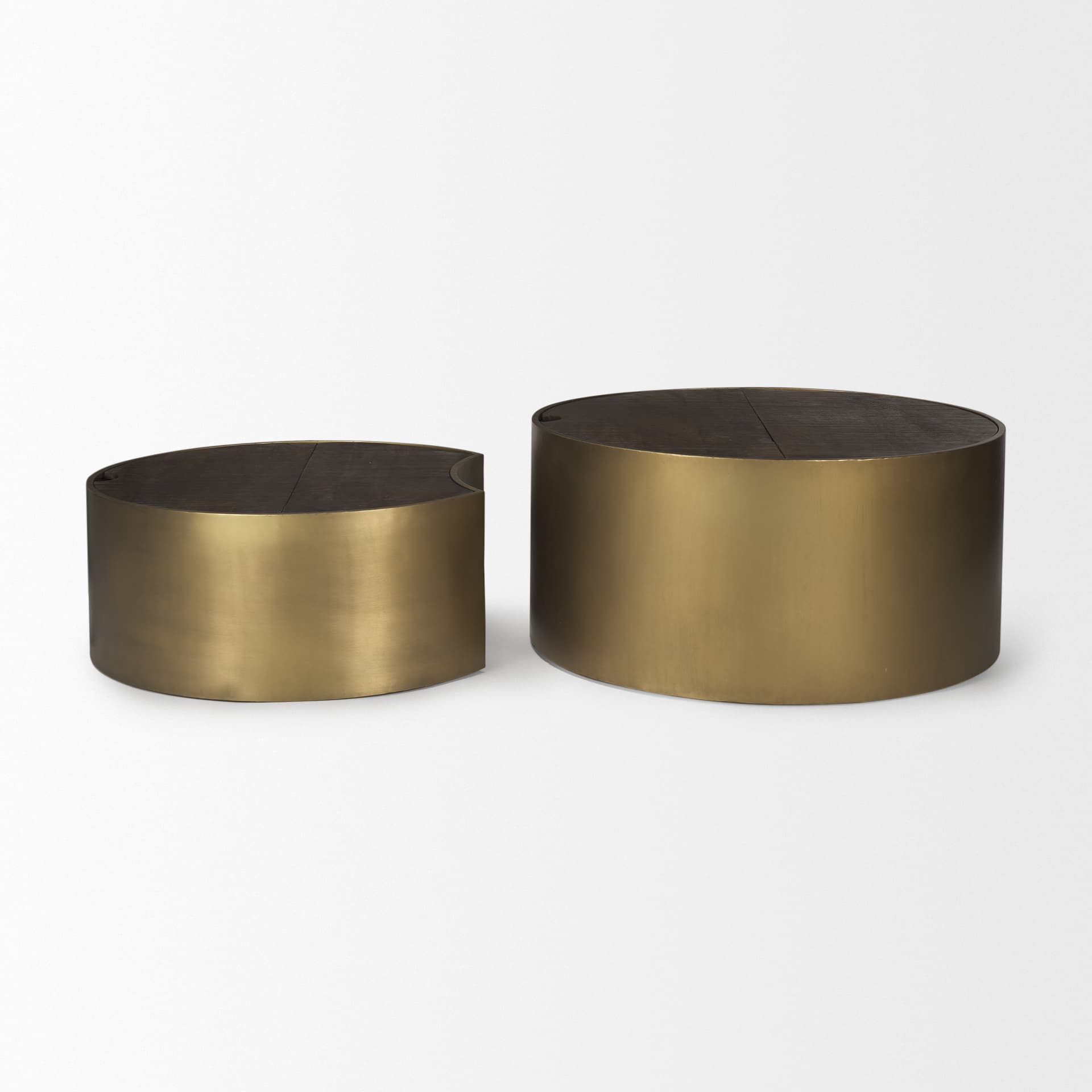 Eclipse Antique Brass Metal Drum Base w/ Dark Brown Wood Top Nested Coffee Table — product photograph