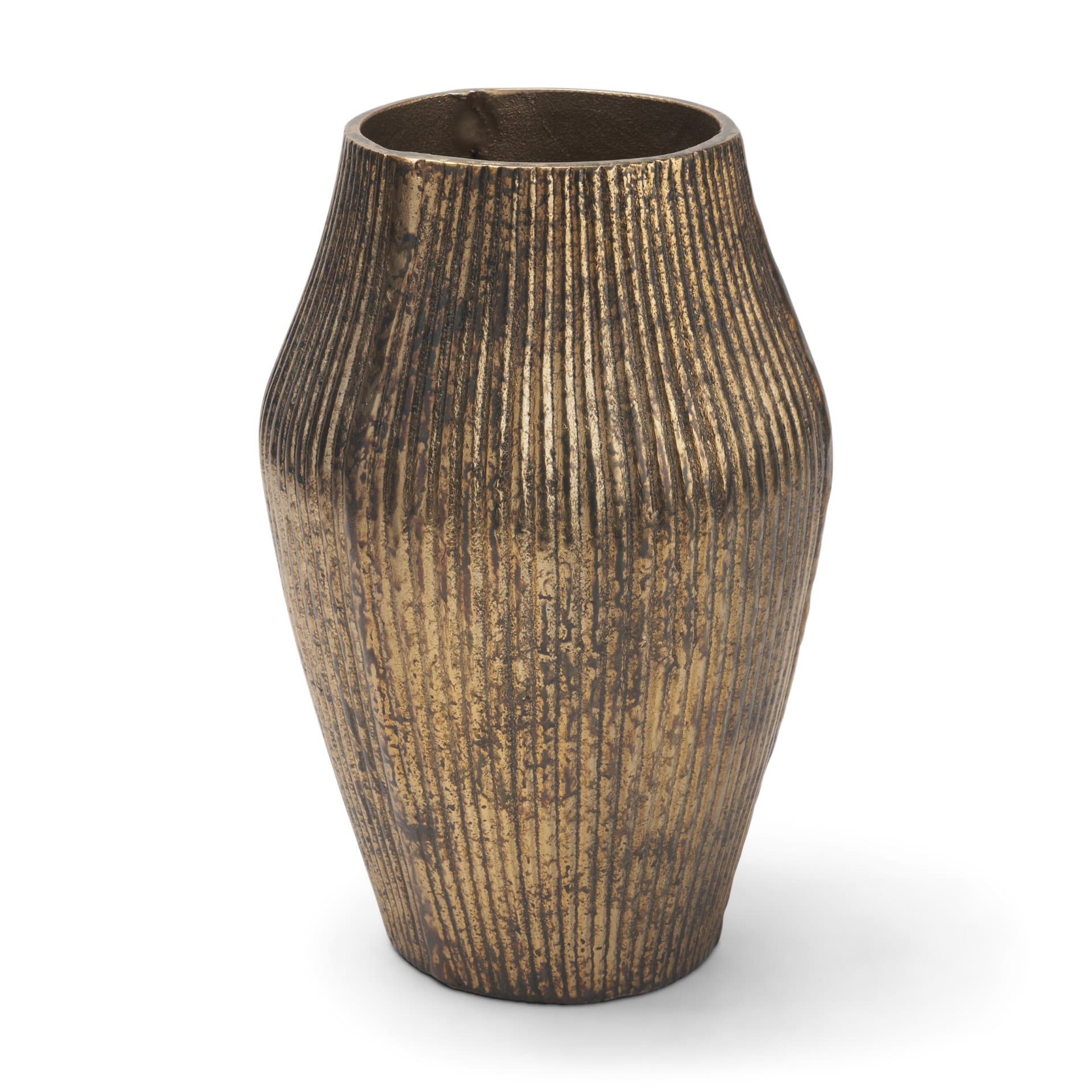 Patine Wide Antiqued Brass Metal Fluted Decorative Vase — product photograph