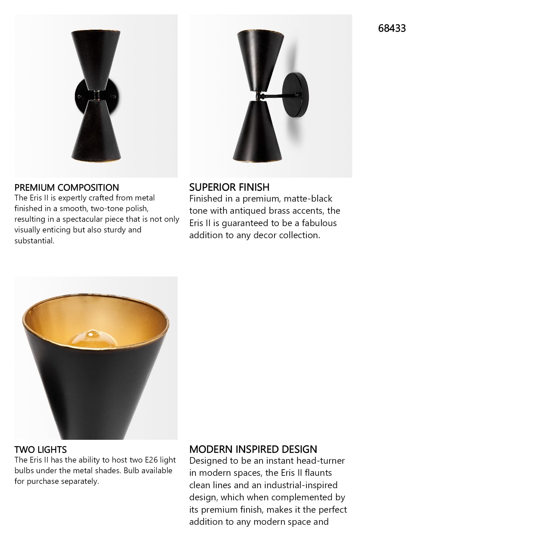 Eris II 7.3x12.6 Black Metal w/Gold Accent Double-Cone Wall Sconce — in a styled room