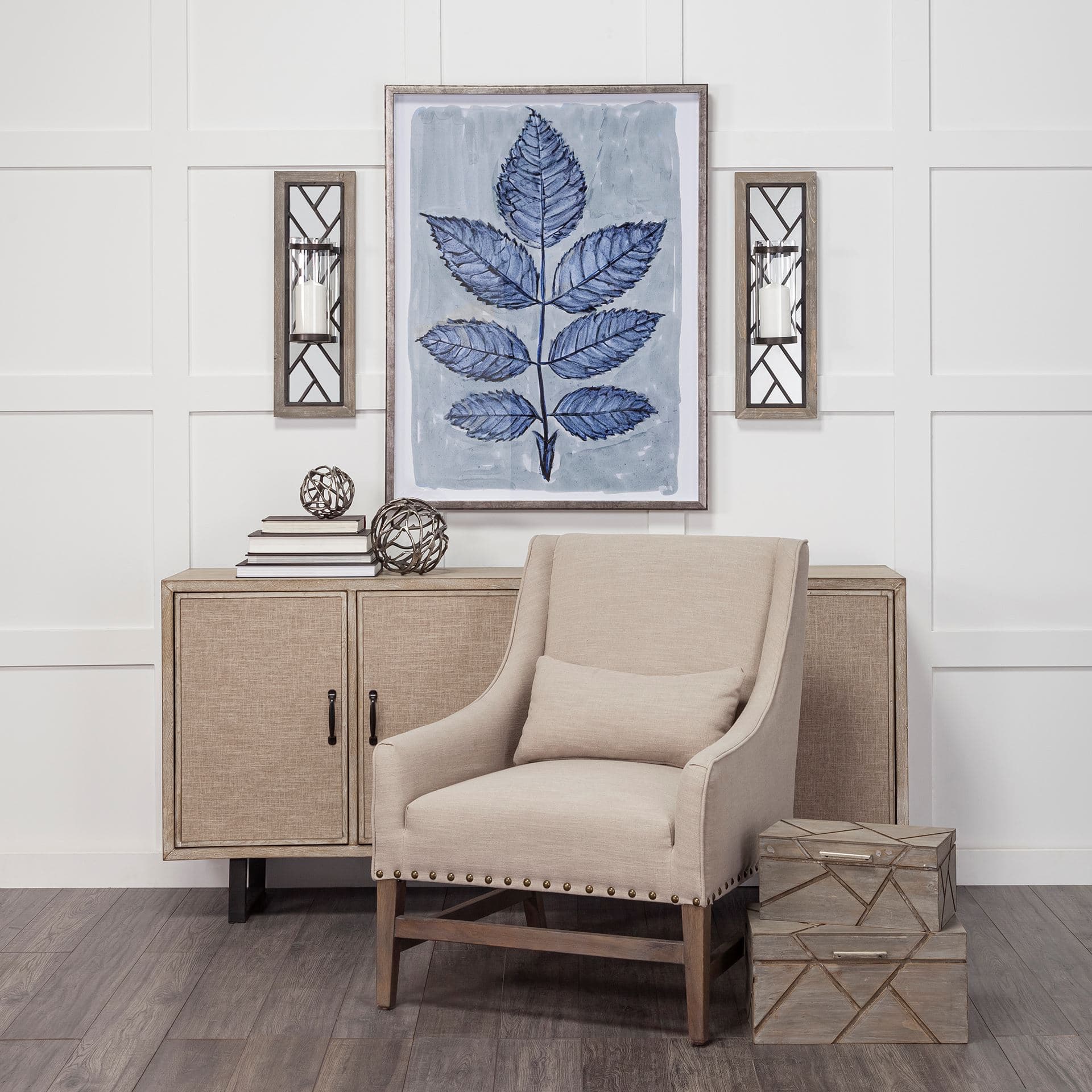Benji 24"H Brown Wood Frame Black Metal Accent Mirrored Wall Candle Holder — in a styled room