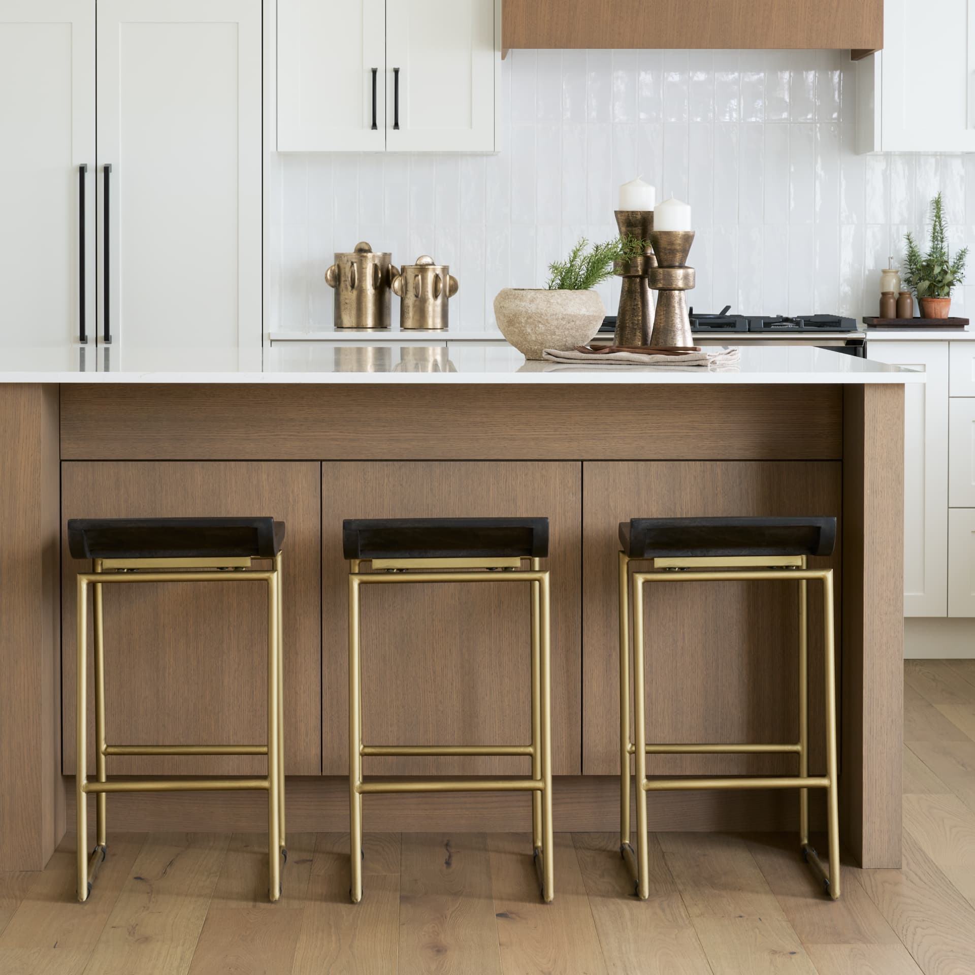 Givens Backless 26in Seat Counter Stool | Brown Wood w/ Gold Metal — product photograph