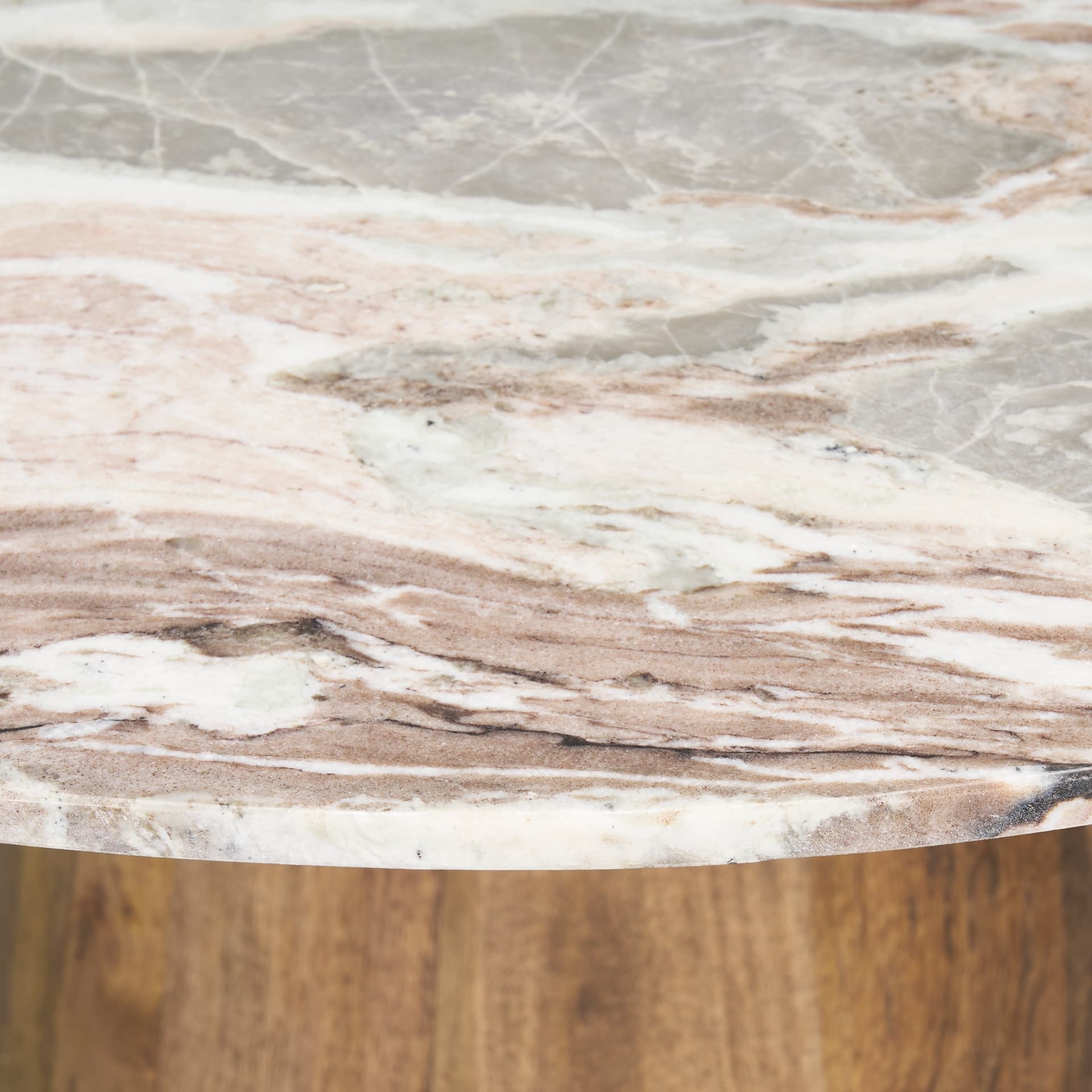 Allyson 42" Round Pedestal Dining Table | Savar Pink Marble & Brown Wood | Seats 4 — product photograph