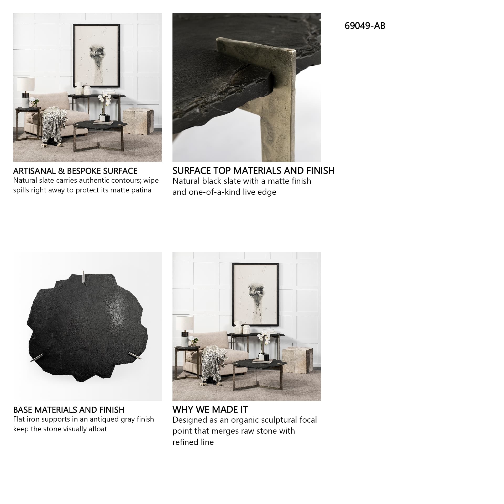 Shale 37" Irregular Live-Edge Black Slate w/Flat Iron Base Coffee Table — in a styled room