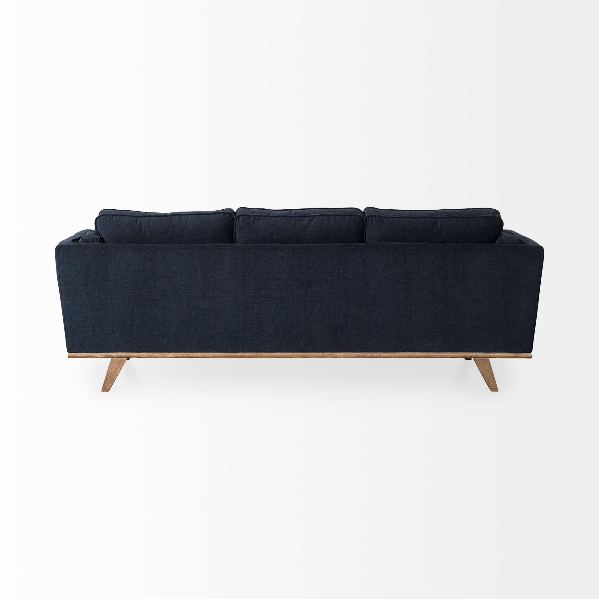 Brooks 90.2L x 34.8W x 33.5H Navy Blue Fabric Three Seater Sofa W/ Medium Brown Wooden Legs — product photograph