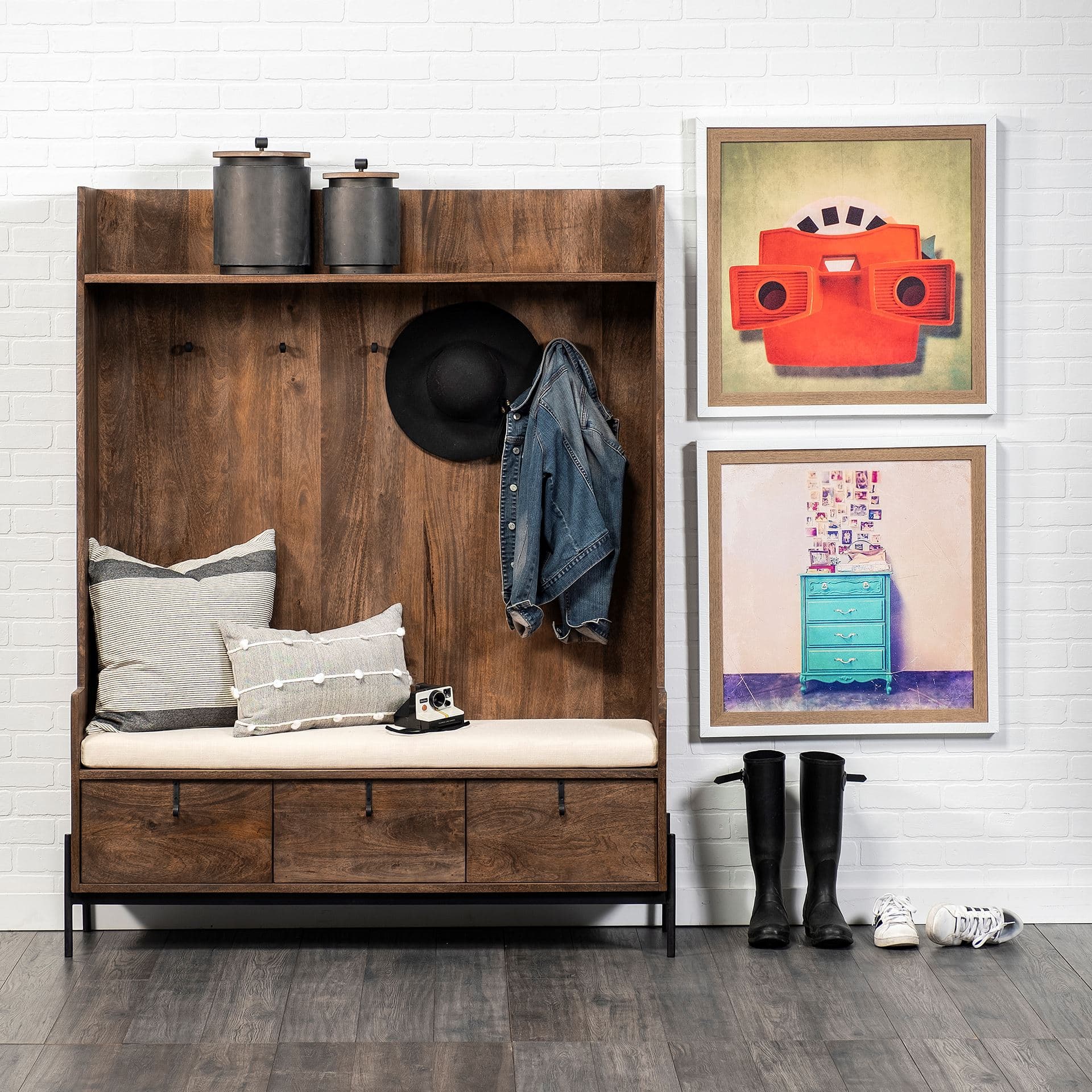 Glenn V 56L x 17W Dark Brown Wood w/ Cream Fabric Seat, 3 Drawers Hall Tree — in a styled room
