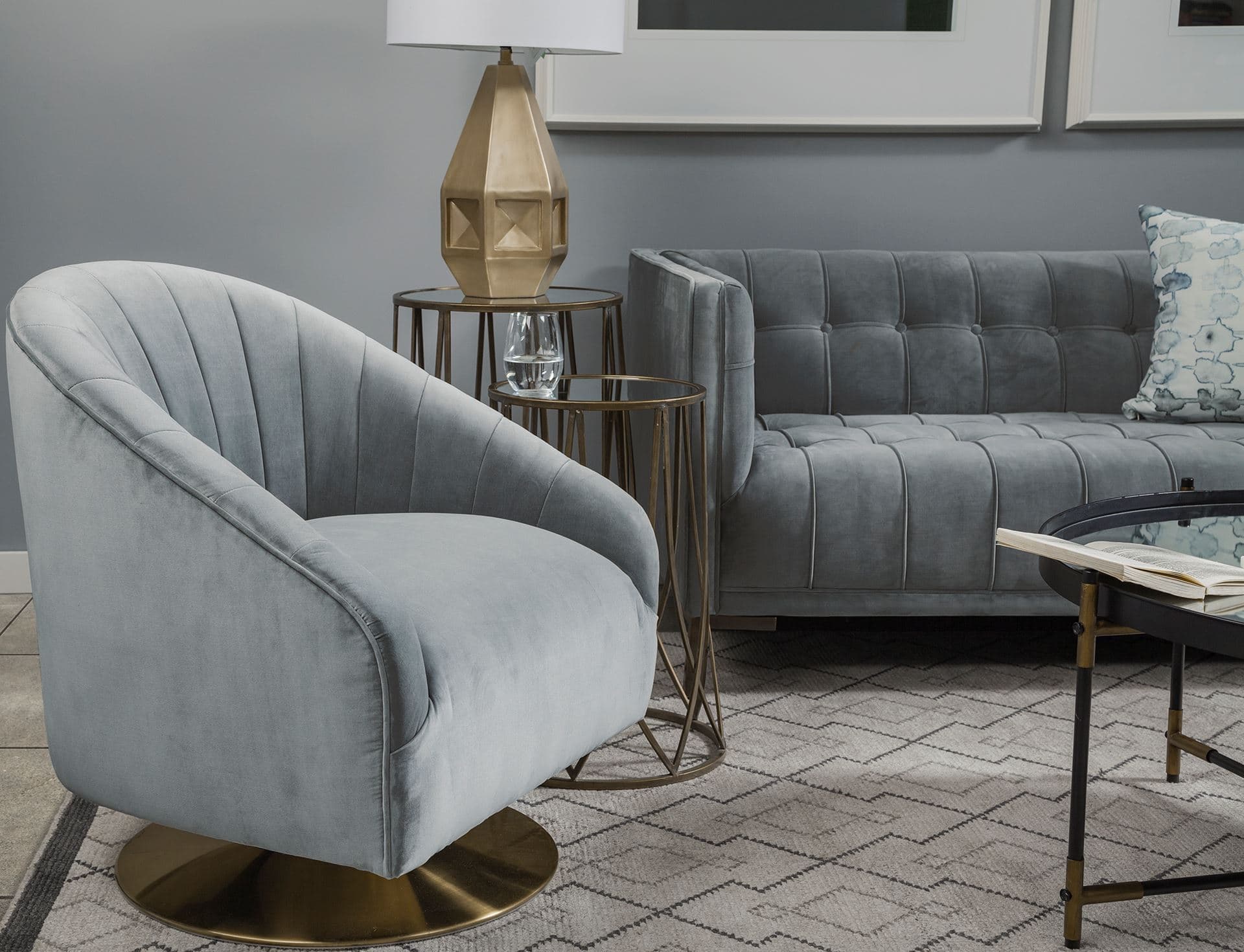 James II Gray Blue Velvet Covered Seat w Gold Swivel Base Accent Chair — product photograph
