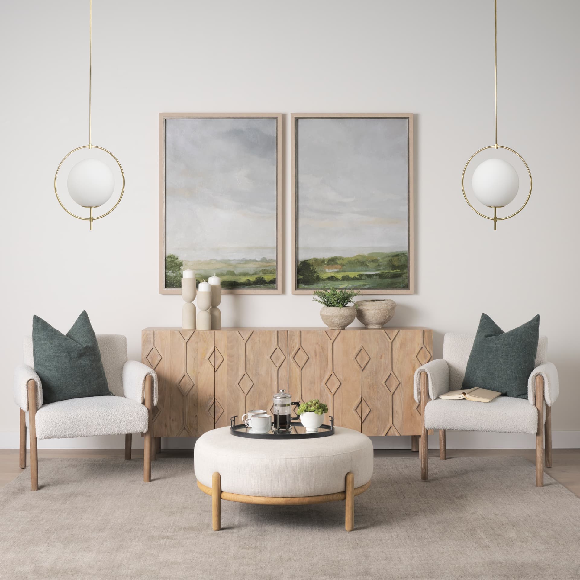 Farrah Frosted Glass Globe w/ Gold Metal Pendant Light — in a styled room