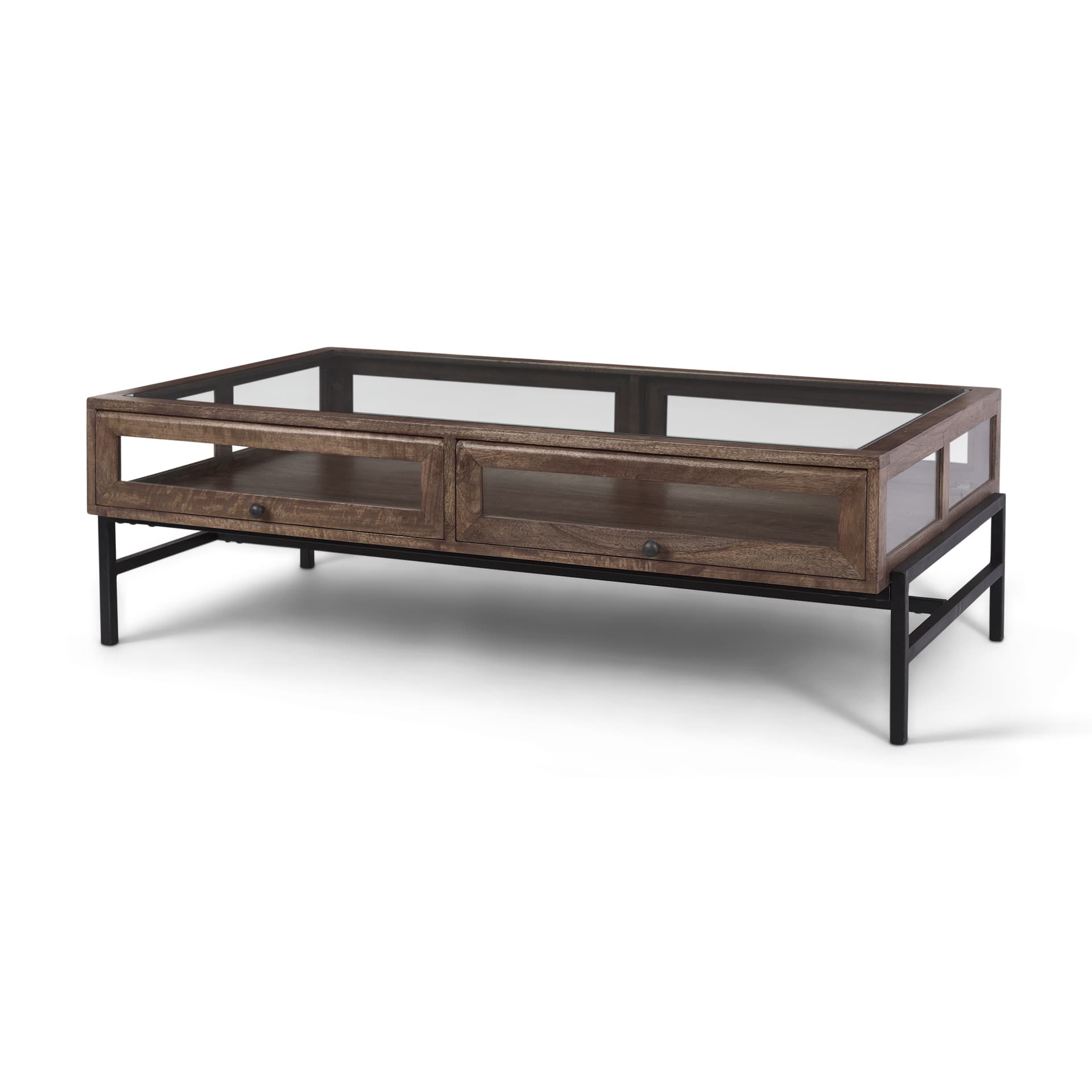 Arelius 49.5"L Rectangular Glass-Top Medium Brown Wood w/ Black Metal Base Display Coffee Table — product photograph