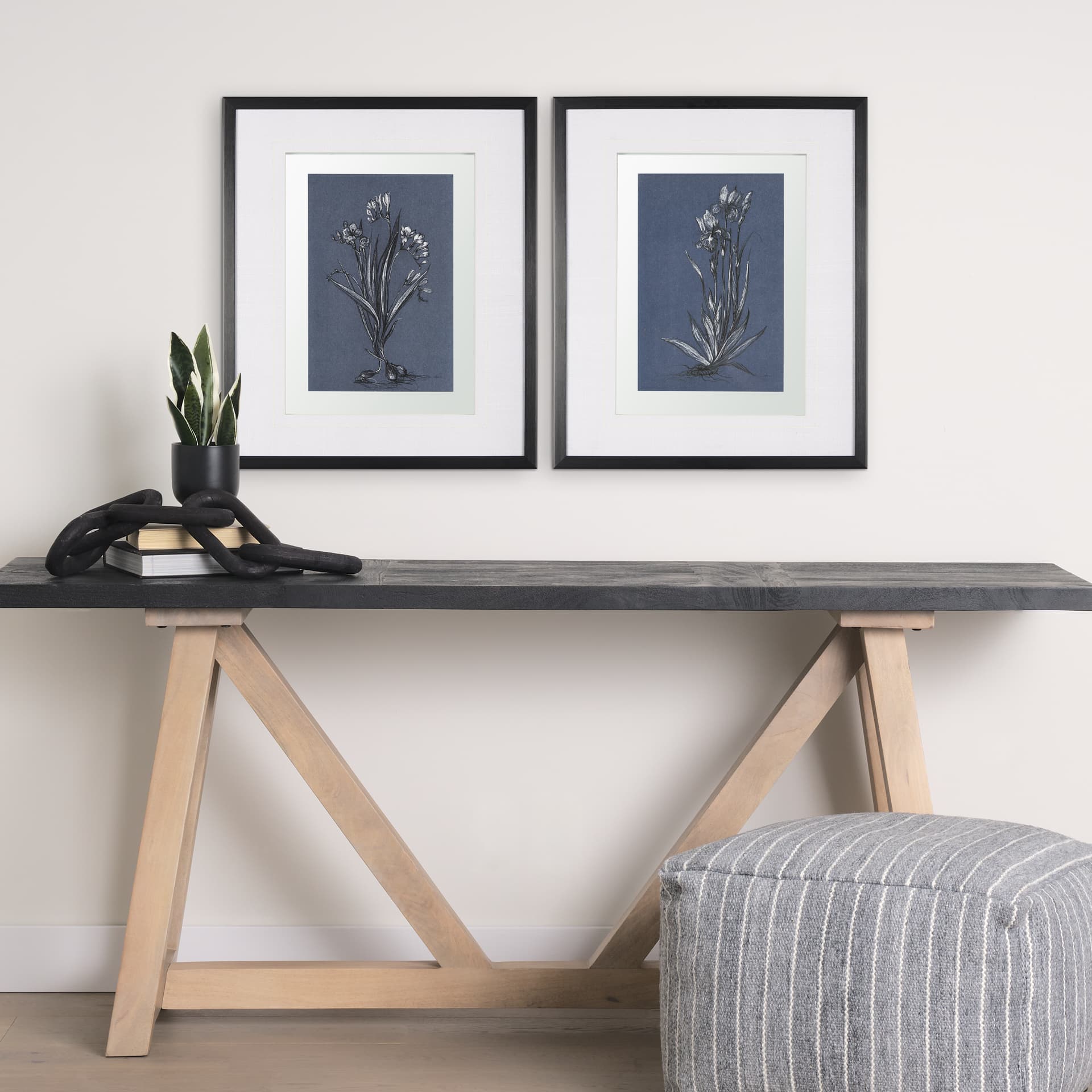 Botanical sketches IV (Blue) by Mercana Studio Hand Embellished Framed Art Print Matted under Glass — in a styled room