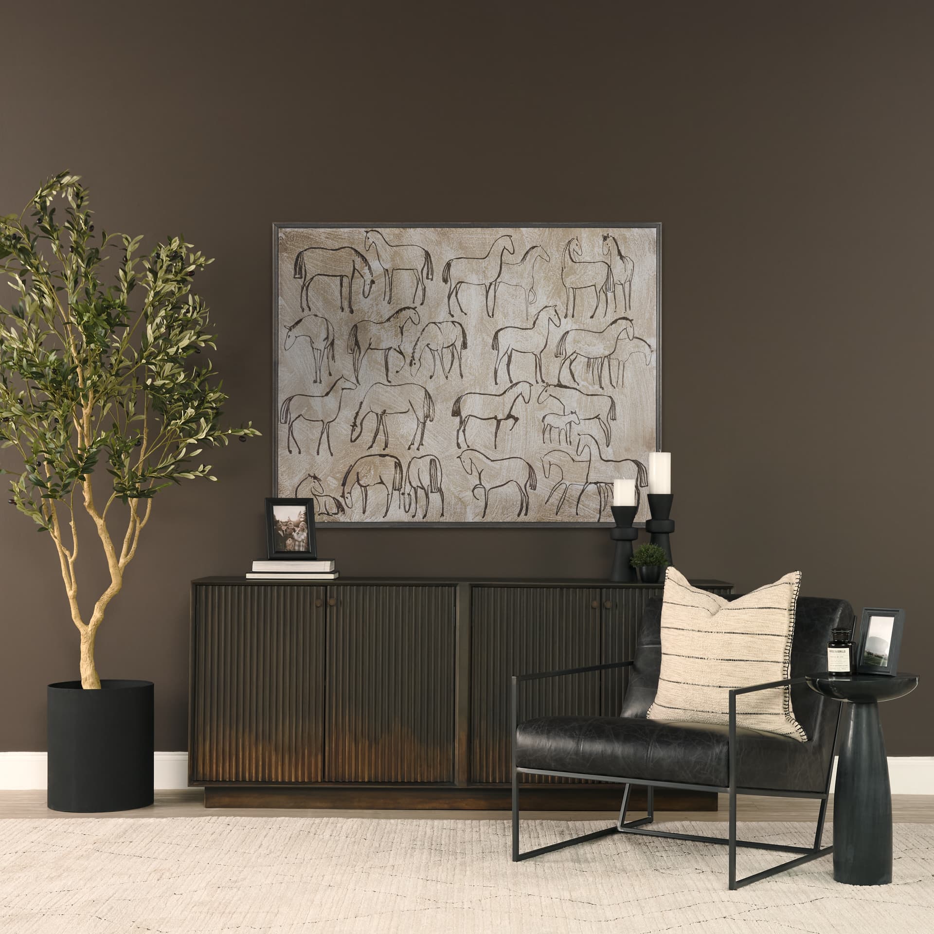 Cinder Distressed Dark Brown Wood Reeded 4-Door Closed Sideboard — in a styled room