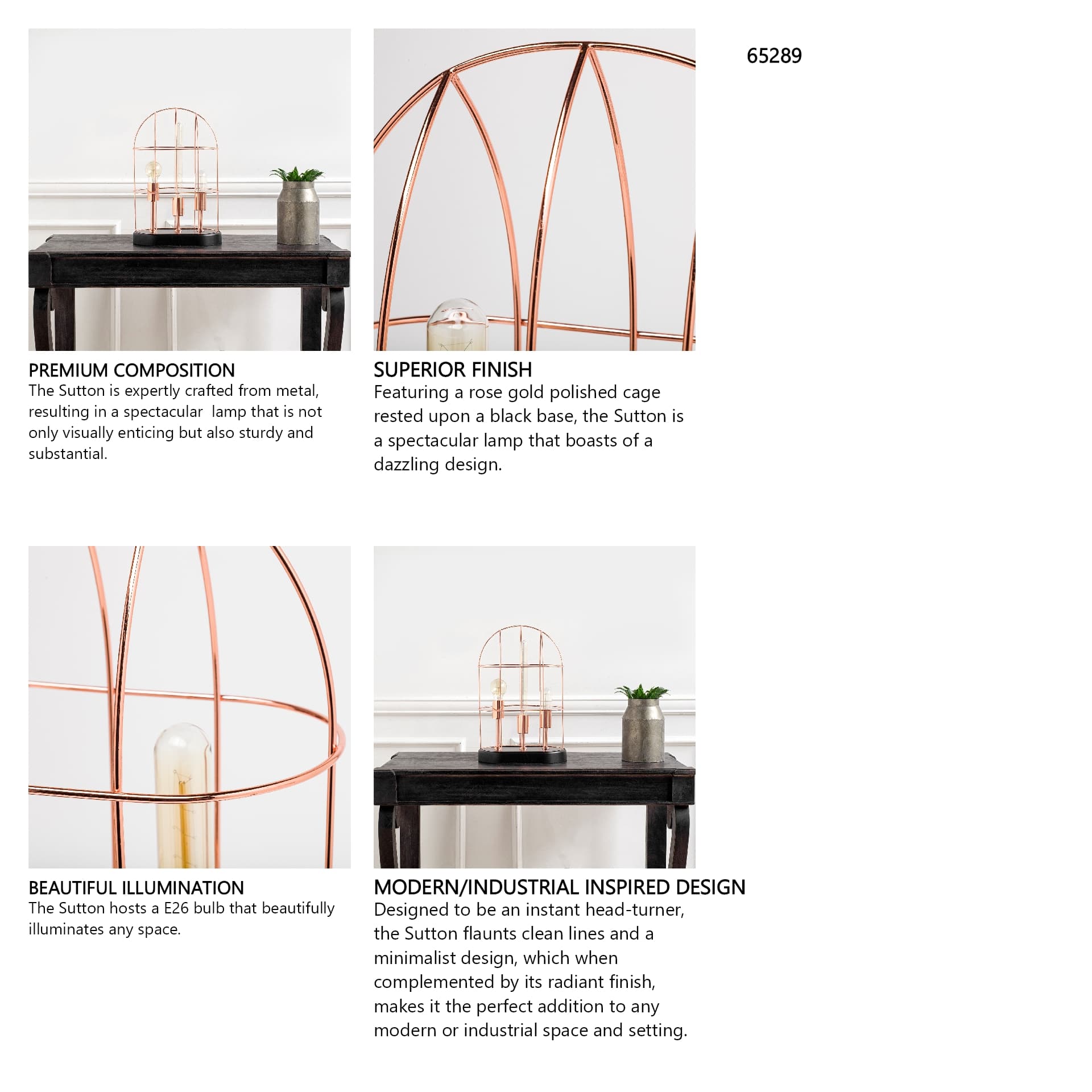 Sutton (19.3"H) Rose-Gold Metal Cylindrical Cage Three Bulb Table Lamp — in a styled room