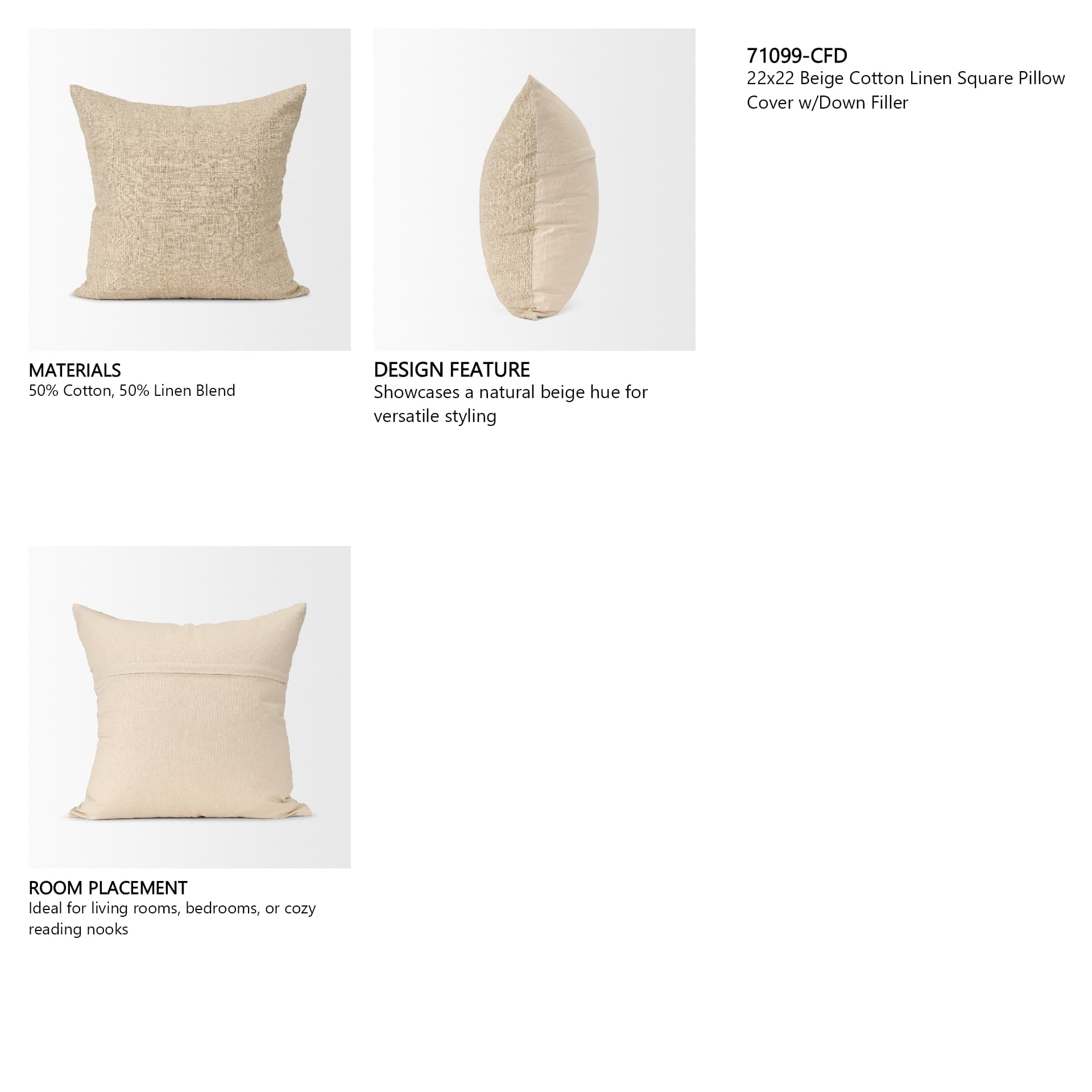 Jeren 22x22 Beige Cotton Linen Square Pillow Cover w/Down Filler — in a styled room