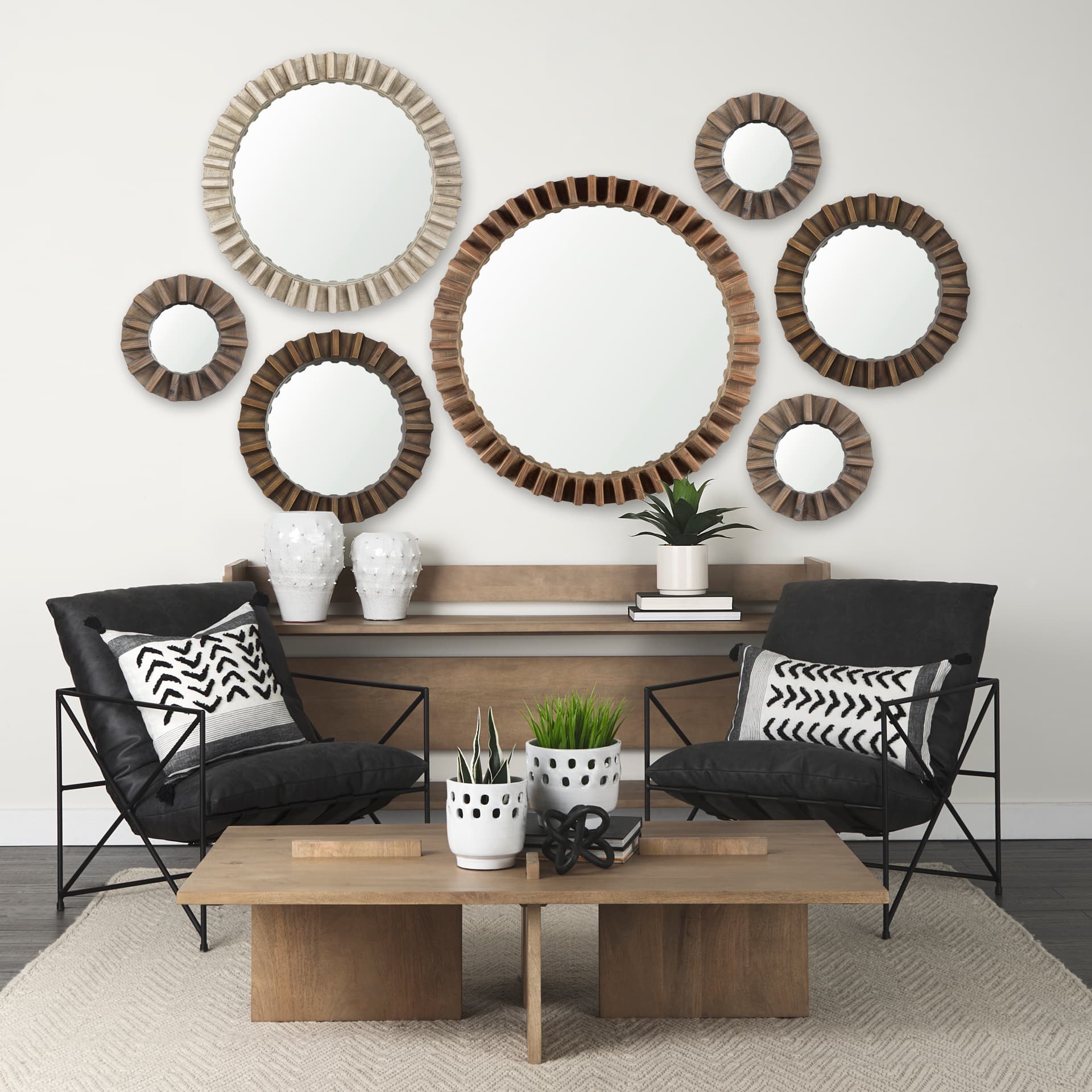 Sprocket Mirror 35" Round Natural Brown Wood Frame Mirror — in a styled room