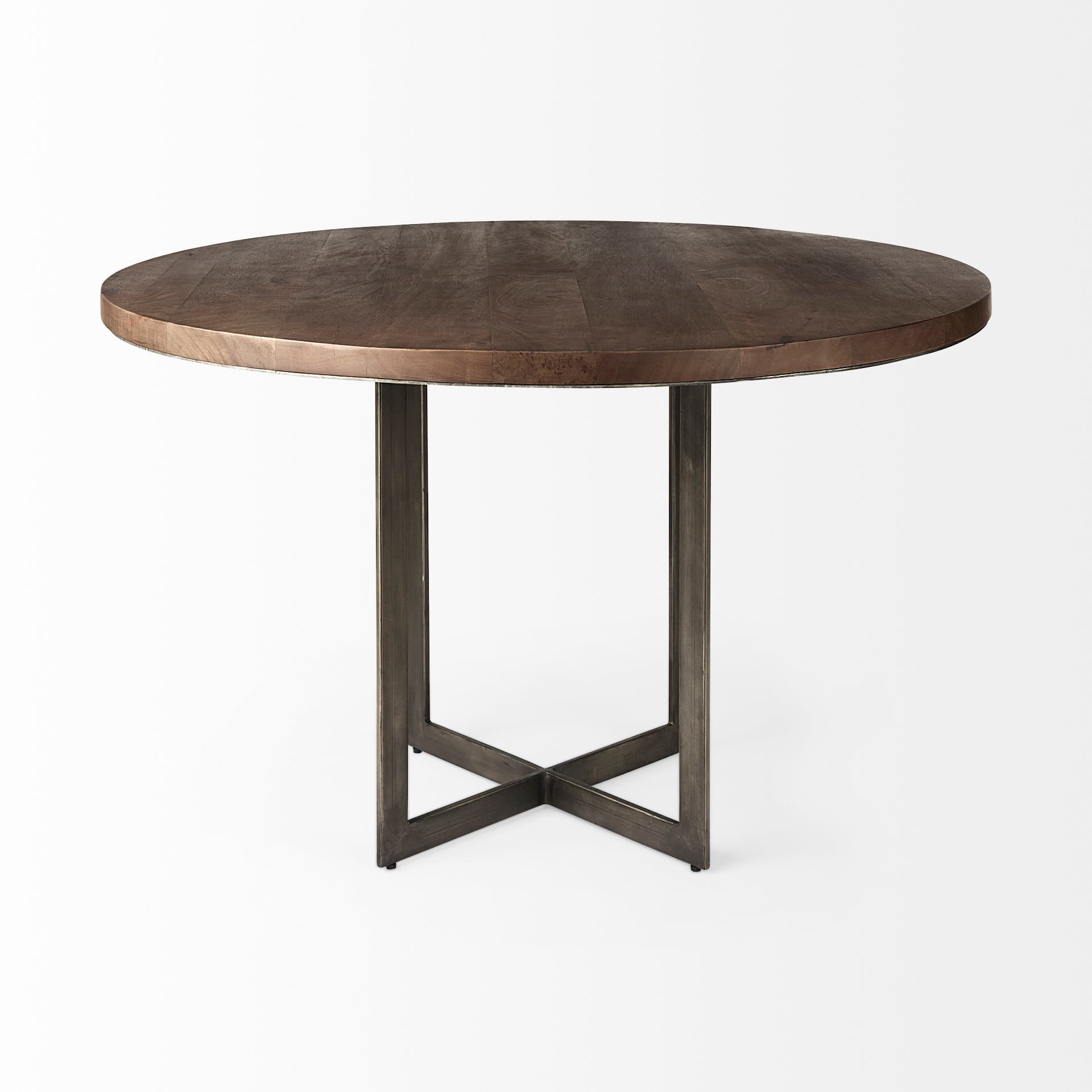 Faye 48" Round Dining Table | Med Brown Wood & Antique Nickel Metal | Seats 4 — product photograph