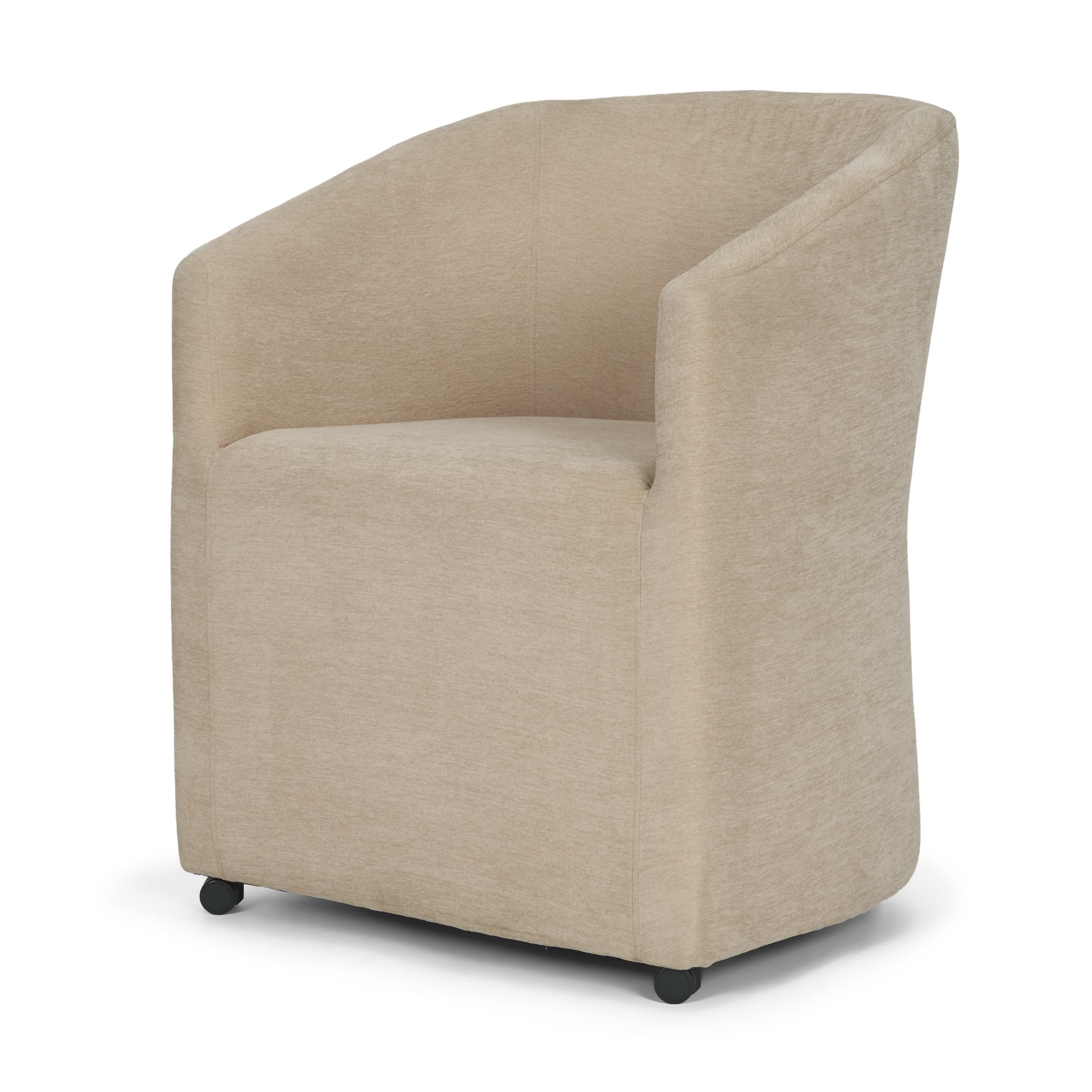 Sondra Barrel Back Dining Arm Chair | Beige Fabric w/ Wood — product photograph