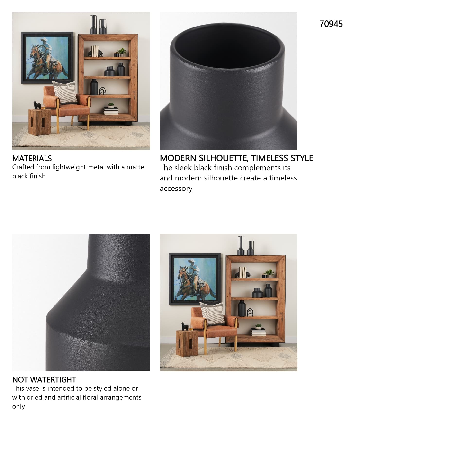 Tosca Small Matte Black Metal Vase — in a styled room