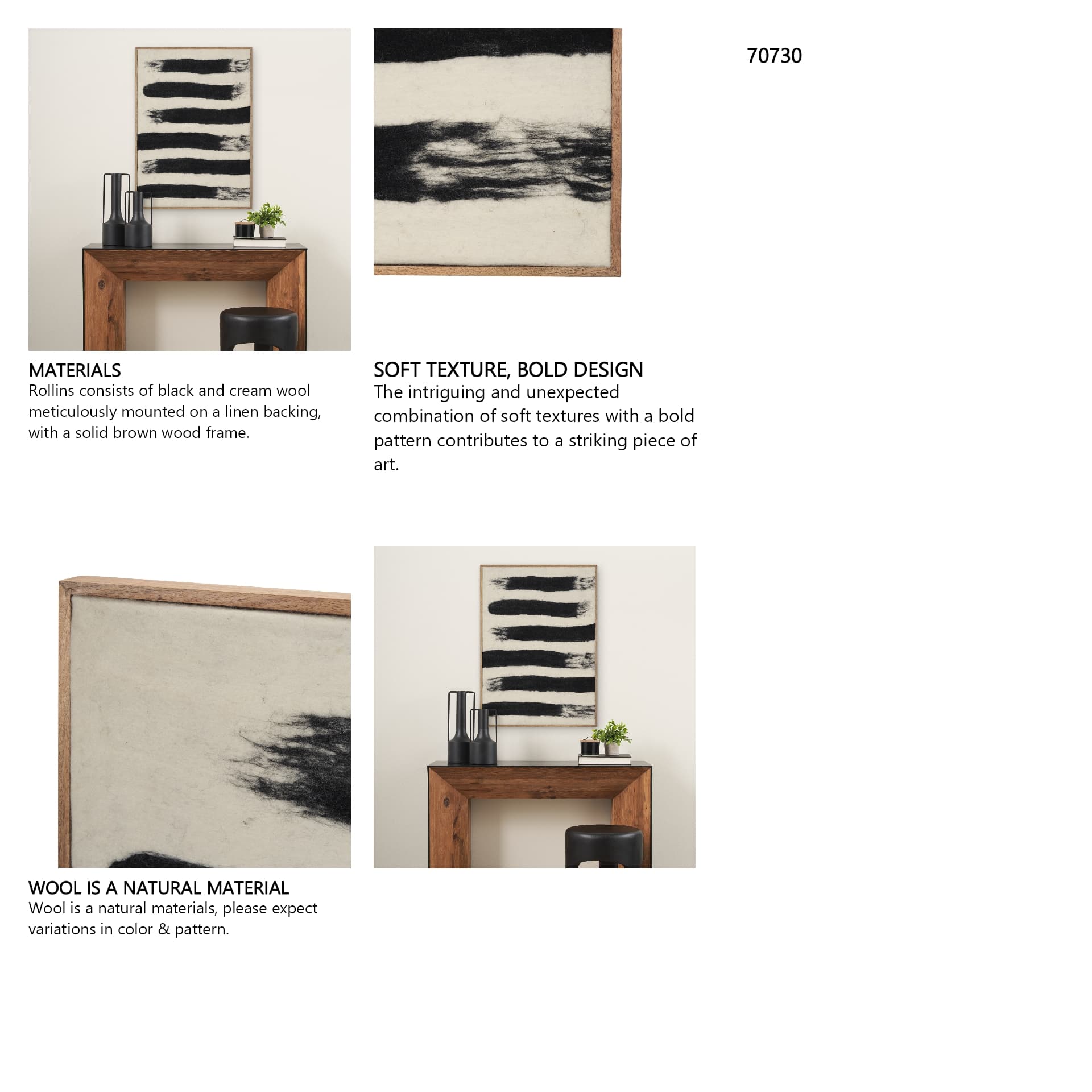Rollins Small Cream w/ Black Stripes Wool Framed Art — in a styled room
