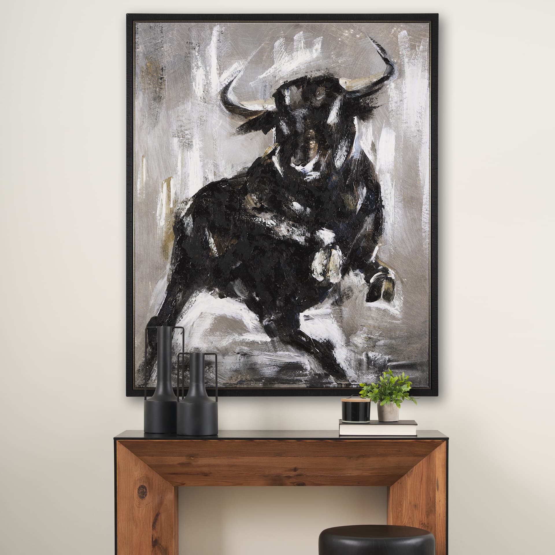 Bull by Mercana Studio a Hand Embellished Textured Framed Canvas — in a styled room