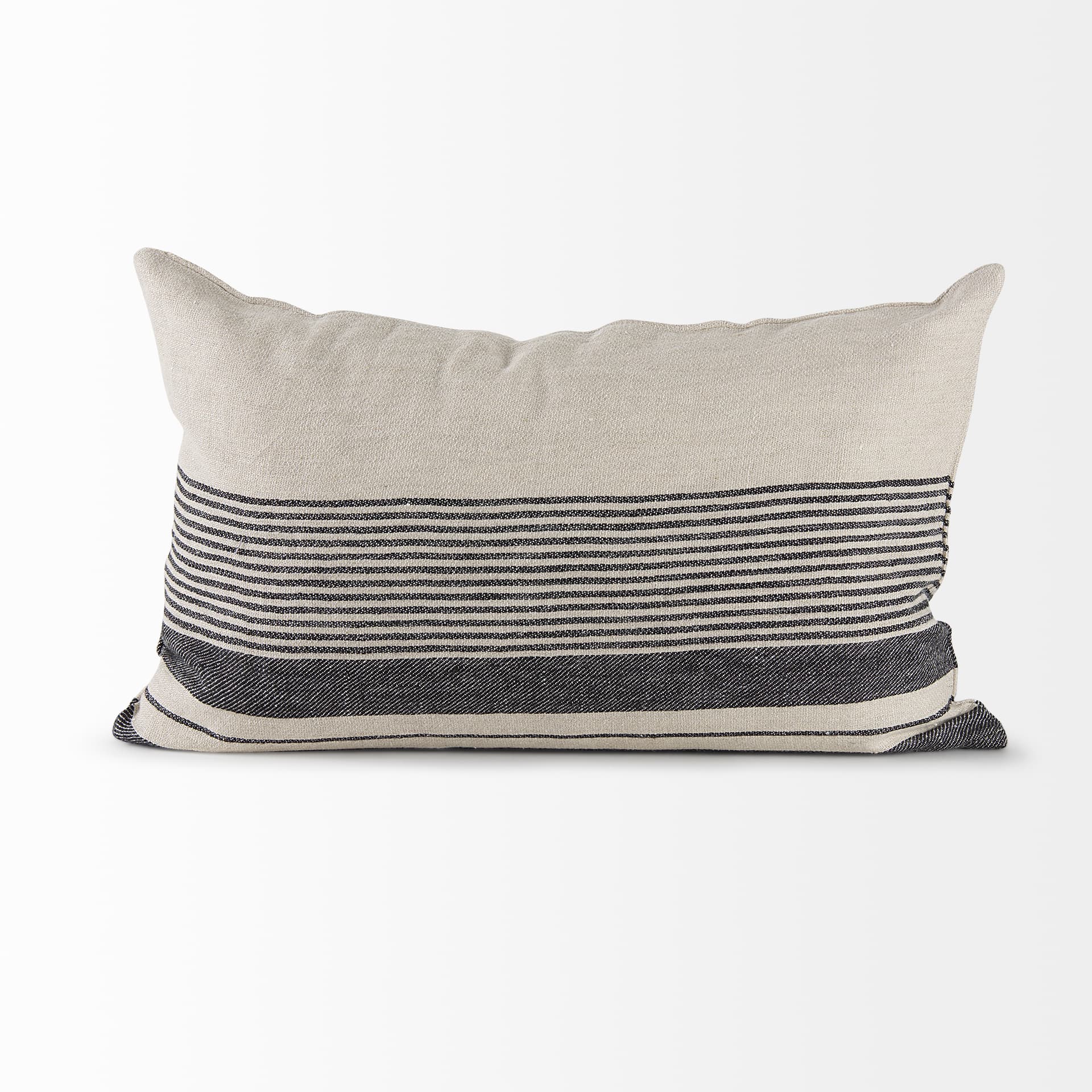 Thalia 13x21 Black and Beige Fabric Striped w/Fringe Pillow Cover w/Down Filler — product photograph