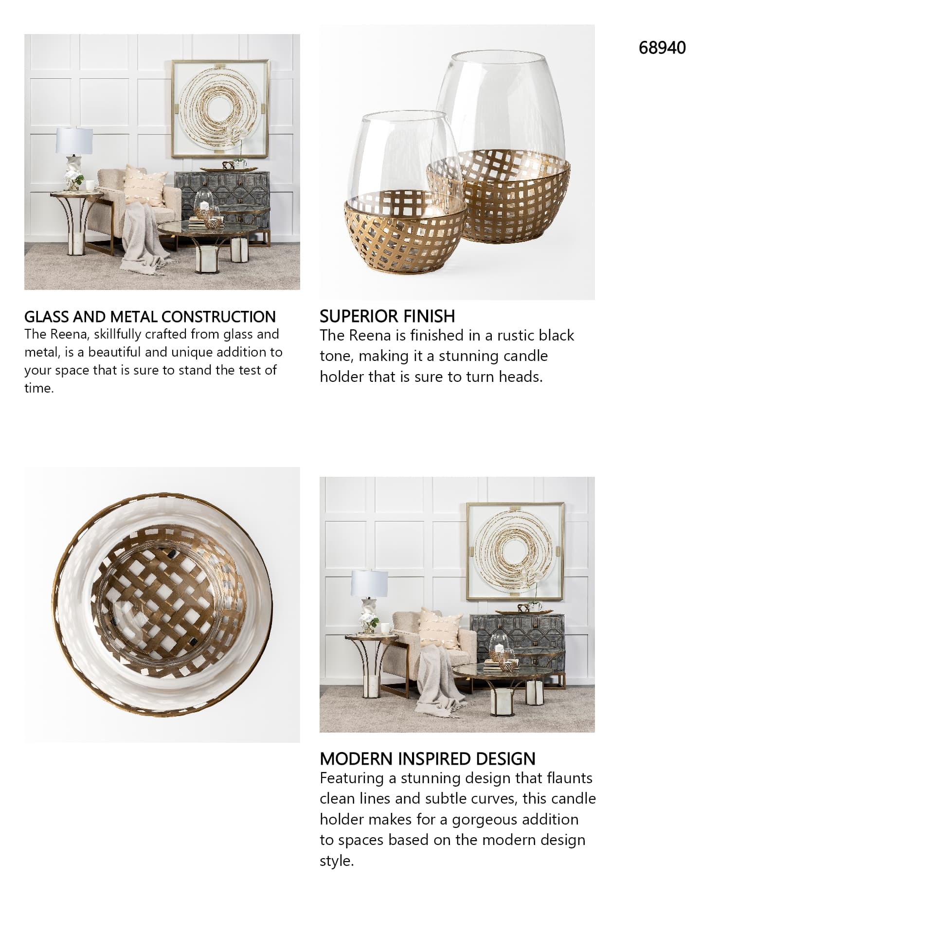 Reena II Large Gold Woven Metal Base Table Candle Holder — in a styled room