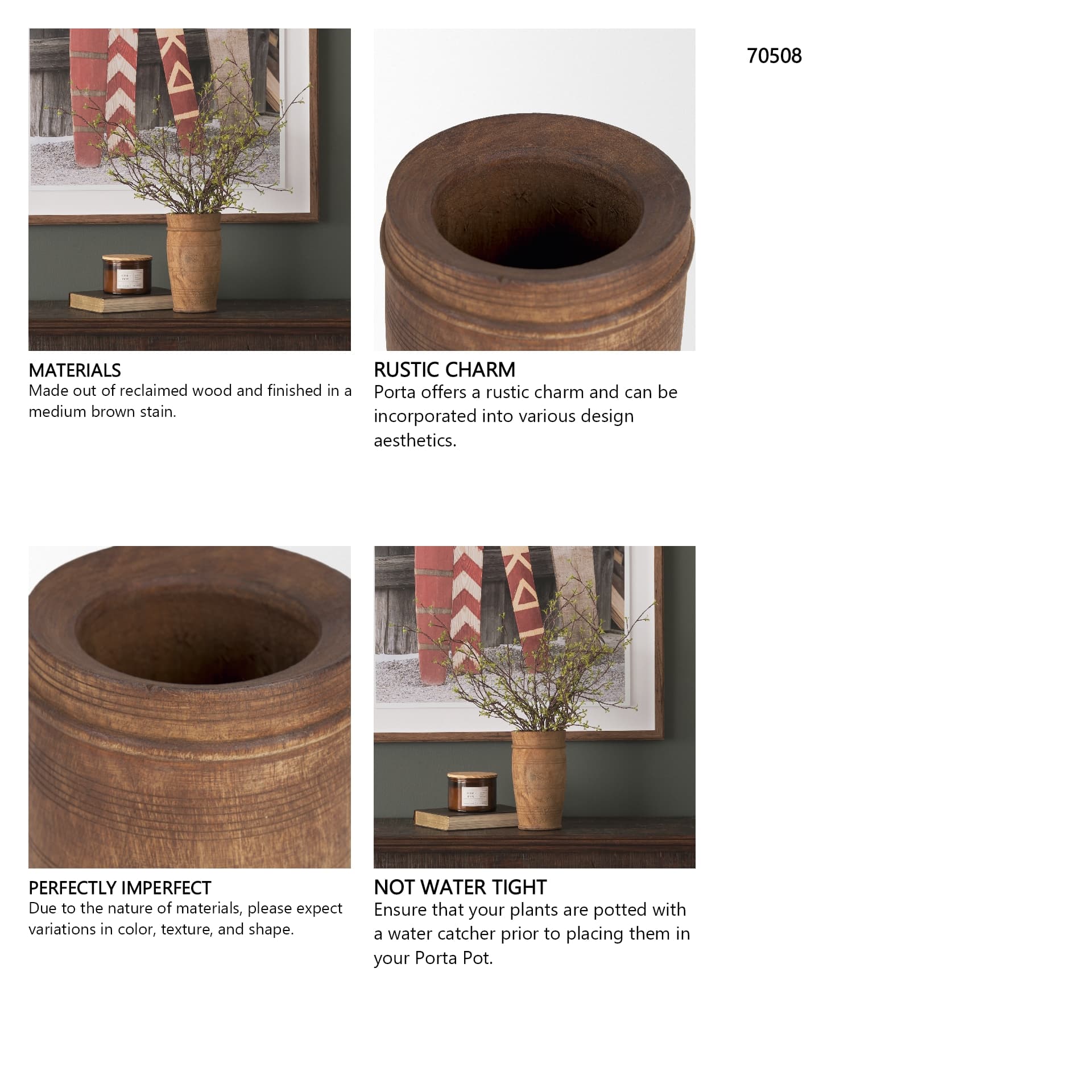 Porta Small Medium Brown Reclaimed Wooden Pot — in a styled room