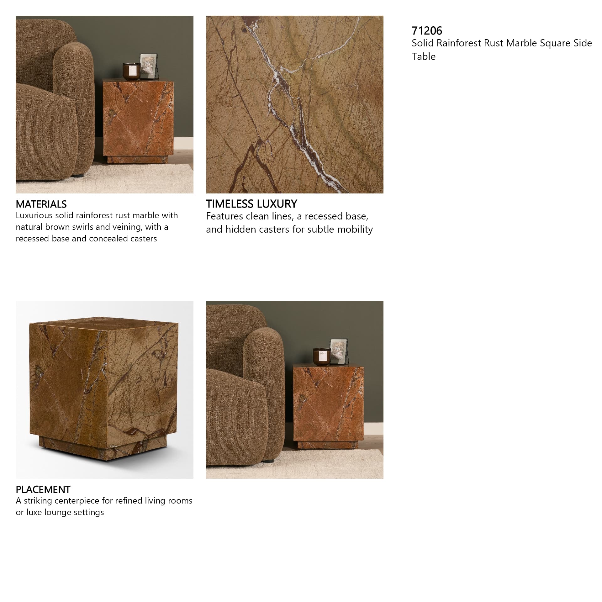 Matteo Solid Rainforest Rust Marble Square Side Table — in a styled room