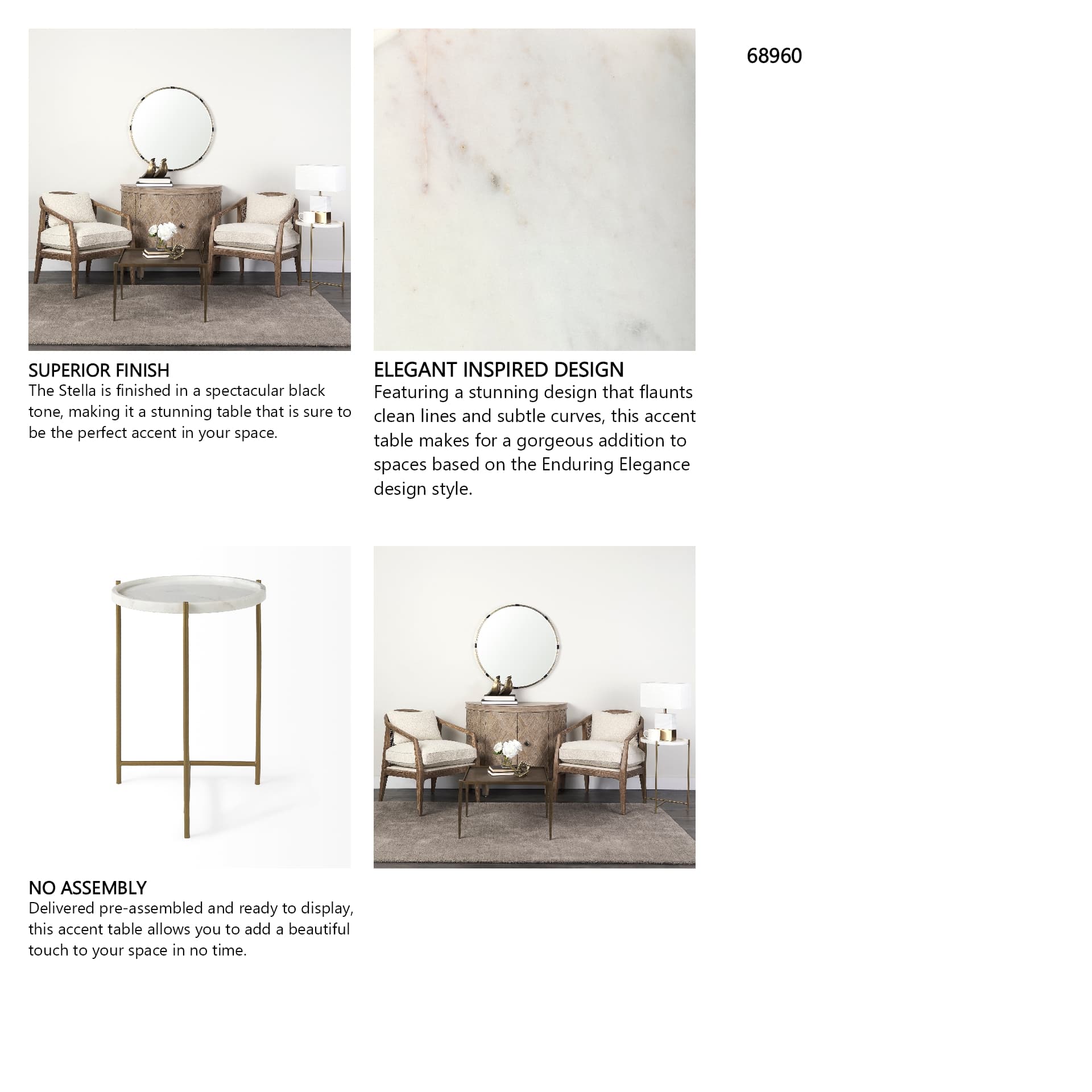 Stella 17L x 17W White Round Marble Top W/Gold Base Accent Table — in a styled room