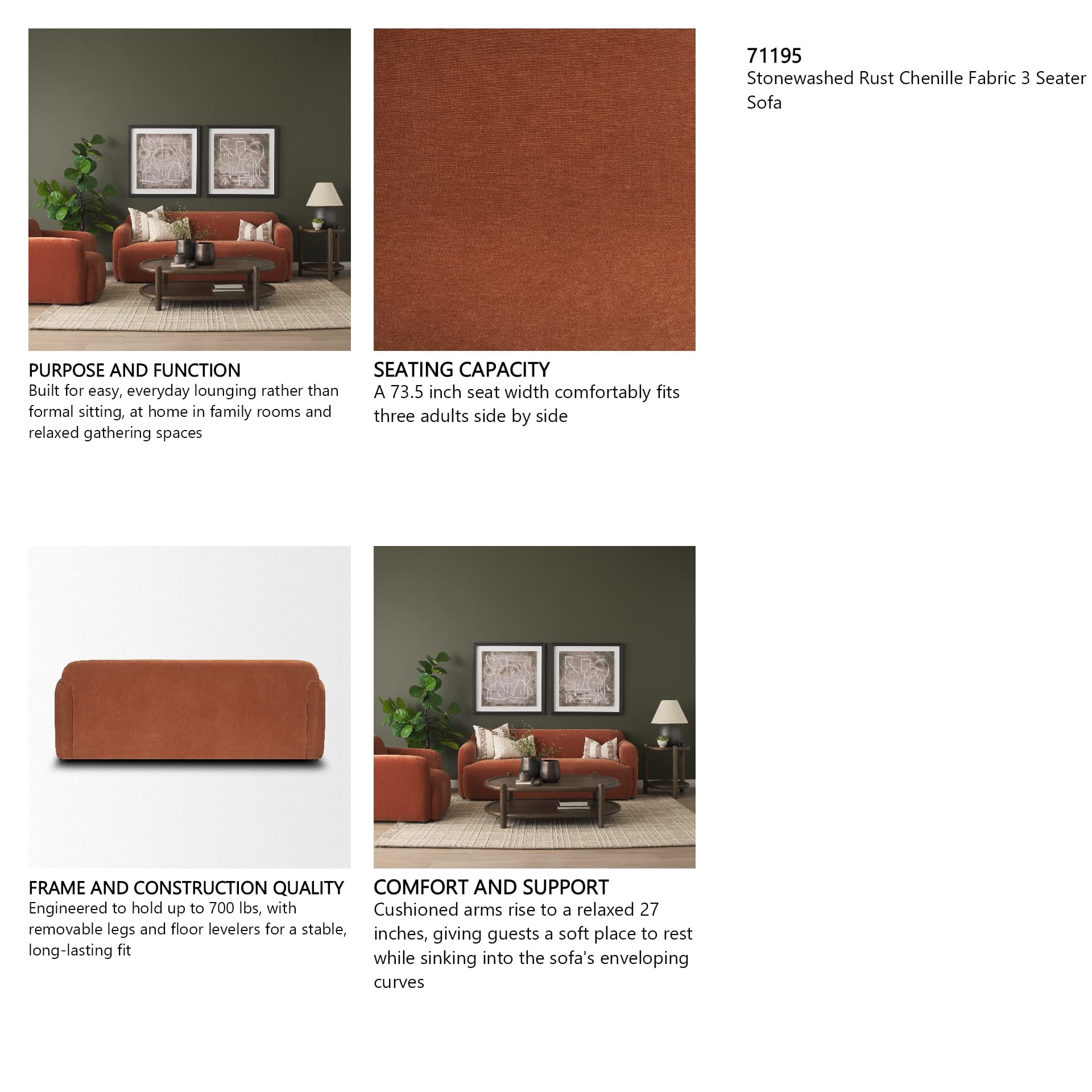 Saga Stonewashed Rust Chenille Fabric 3 Seater Sofa — product photograph