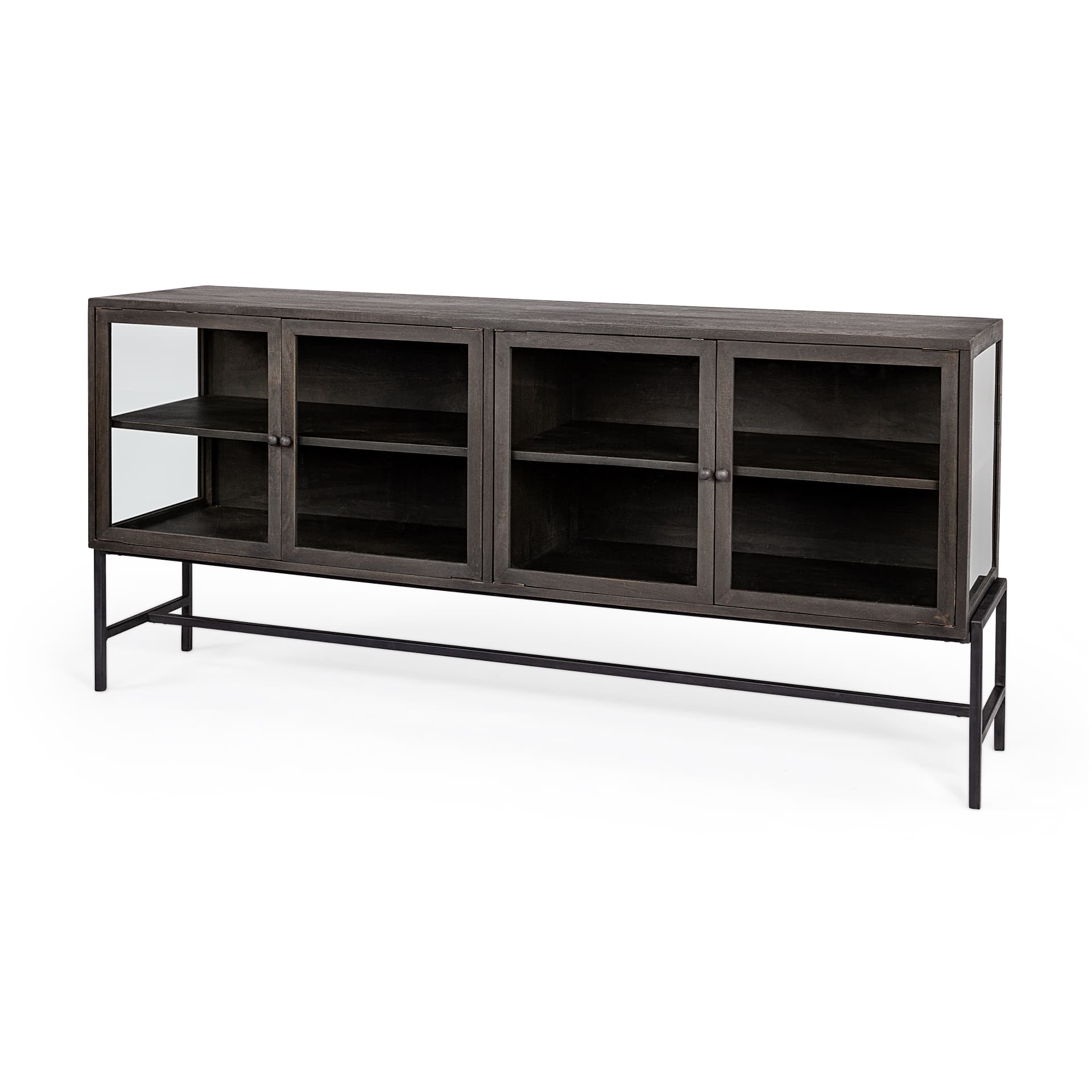 Arelius 70L x 18.75W x 32H Black-Brown Wood, Black Metal Base w/ 4 Glass Cabinet Doors Sideboard — product photograph