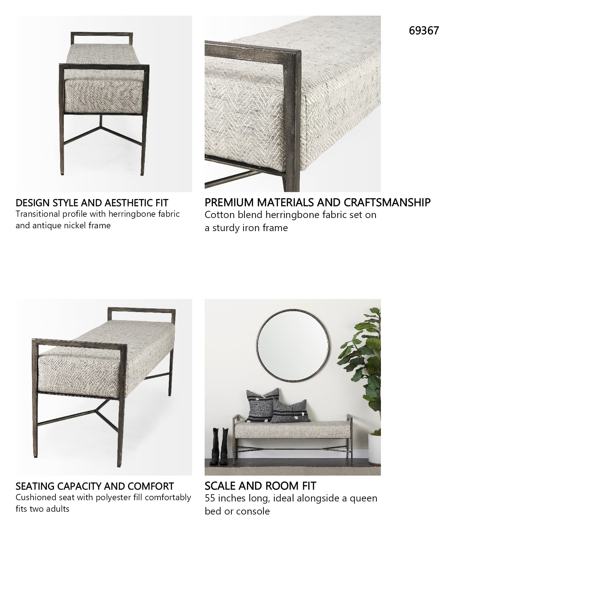 Charlotte 55.0L Gray Herringbone Fabric Seat w/ Antique Nickel Metal Frame Bench — in a styled room
