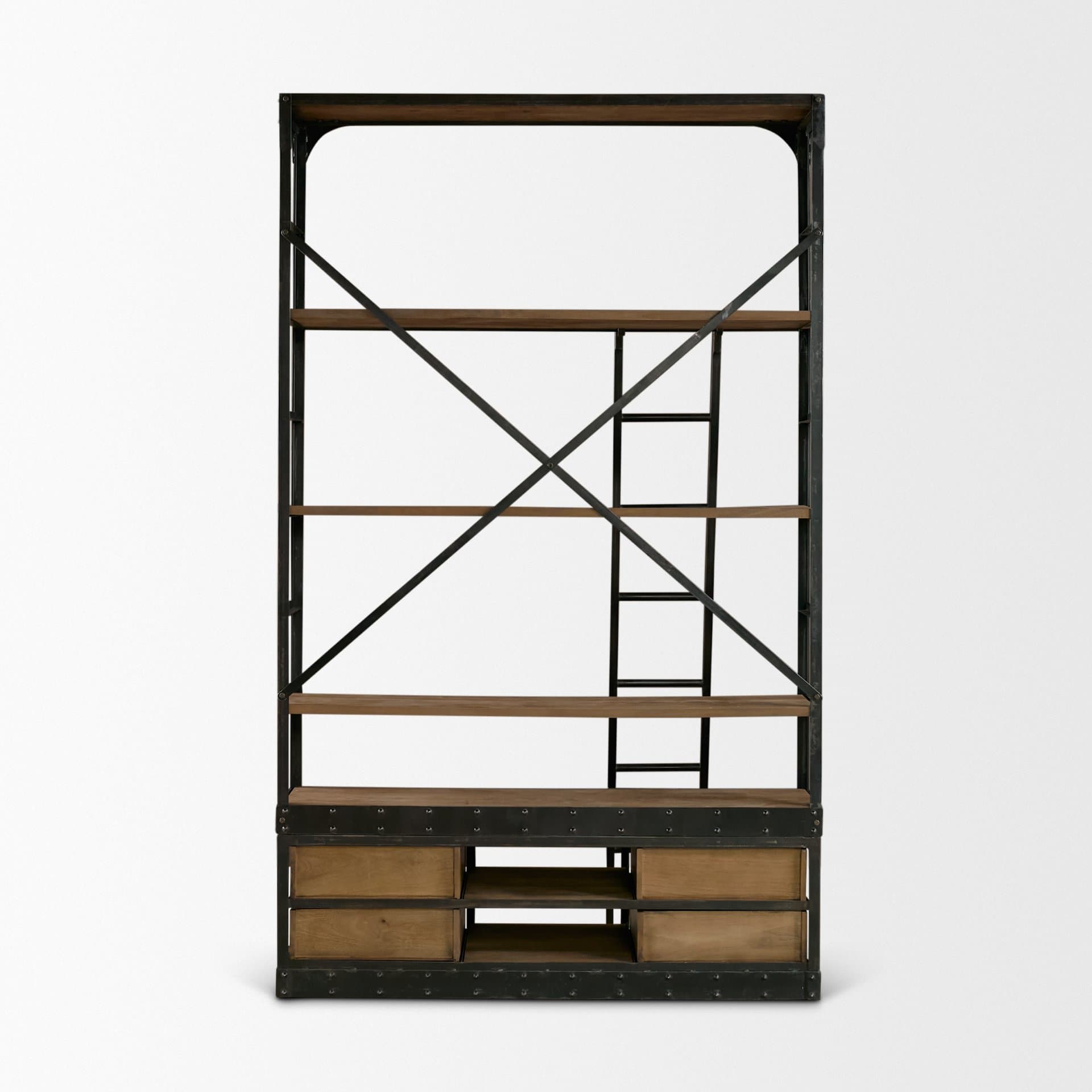 Brodie VIII 57L x 20.5W x 94H Brown Wood Gun-Metal Ladder Four Shelf Shelving Unit — product photograph