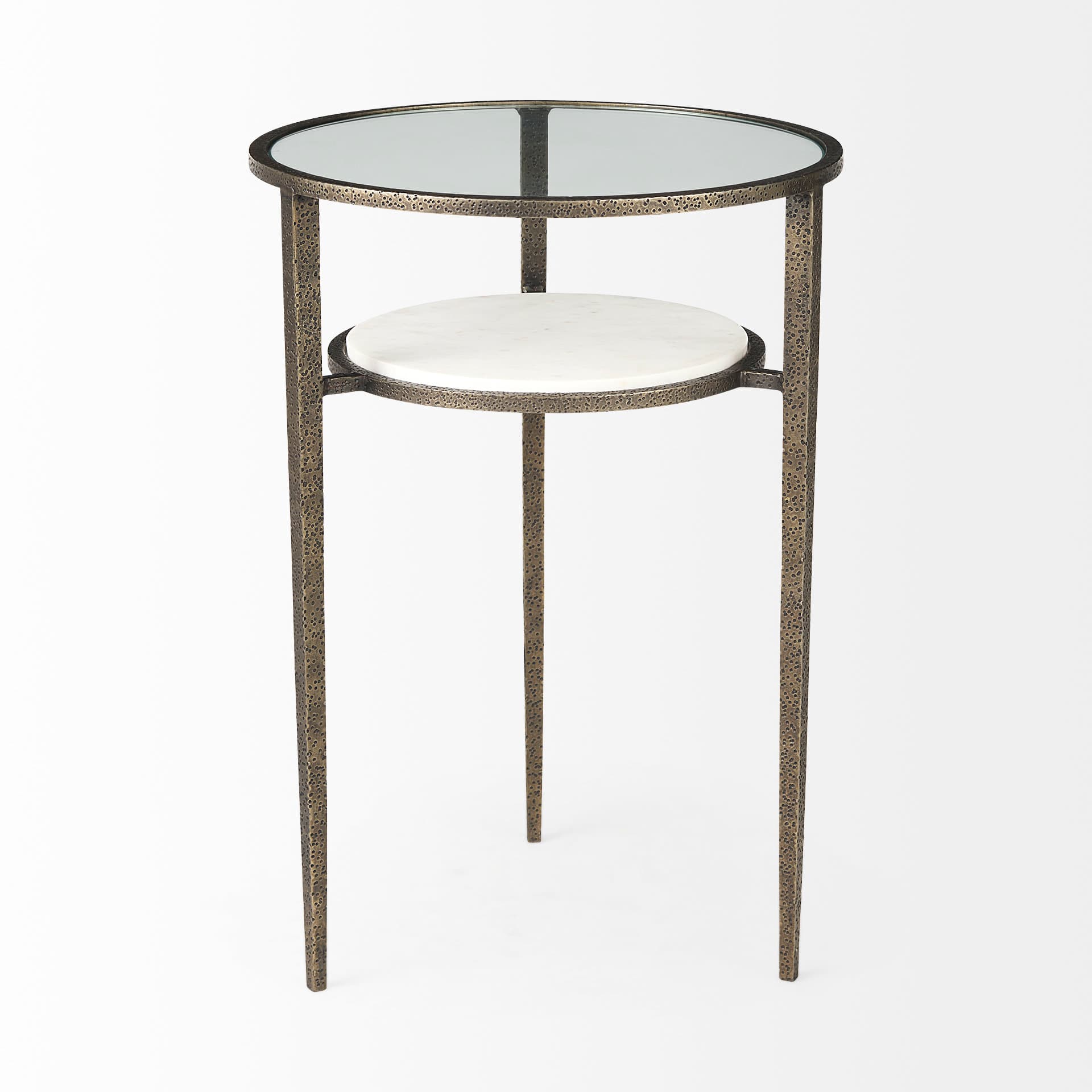 Felicity 15.8L X 15.8W X 22.5H Glass Top W/ White Marble Shelf and Antique Gold Base End/Side Table — product photograph