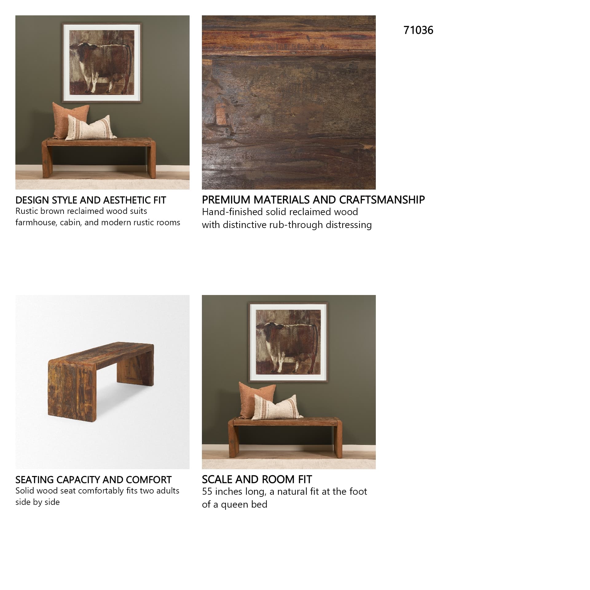 Estelle Rustic Brown Reclaimed Wood Bench — in a styled room