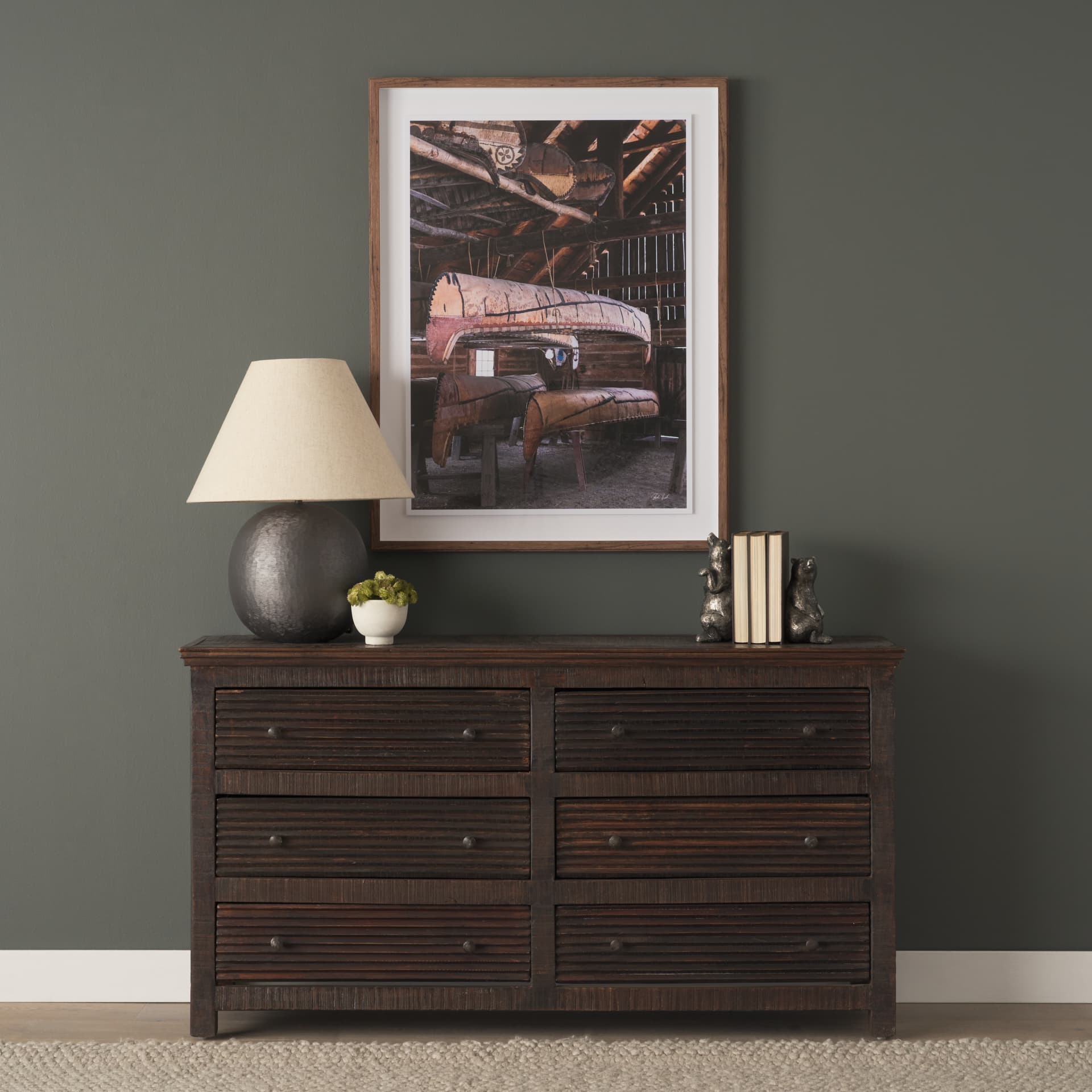 Canoe Barn by Deborah Revell Hand Embelished Framed Art Print Matted under Glass — in a styled room