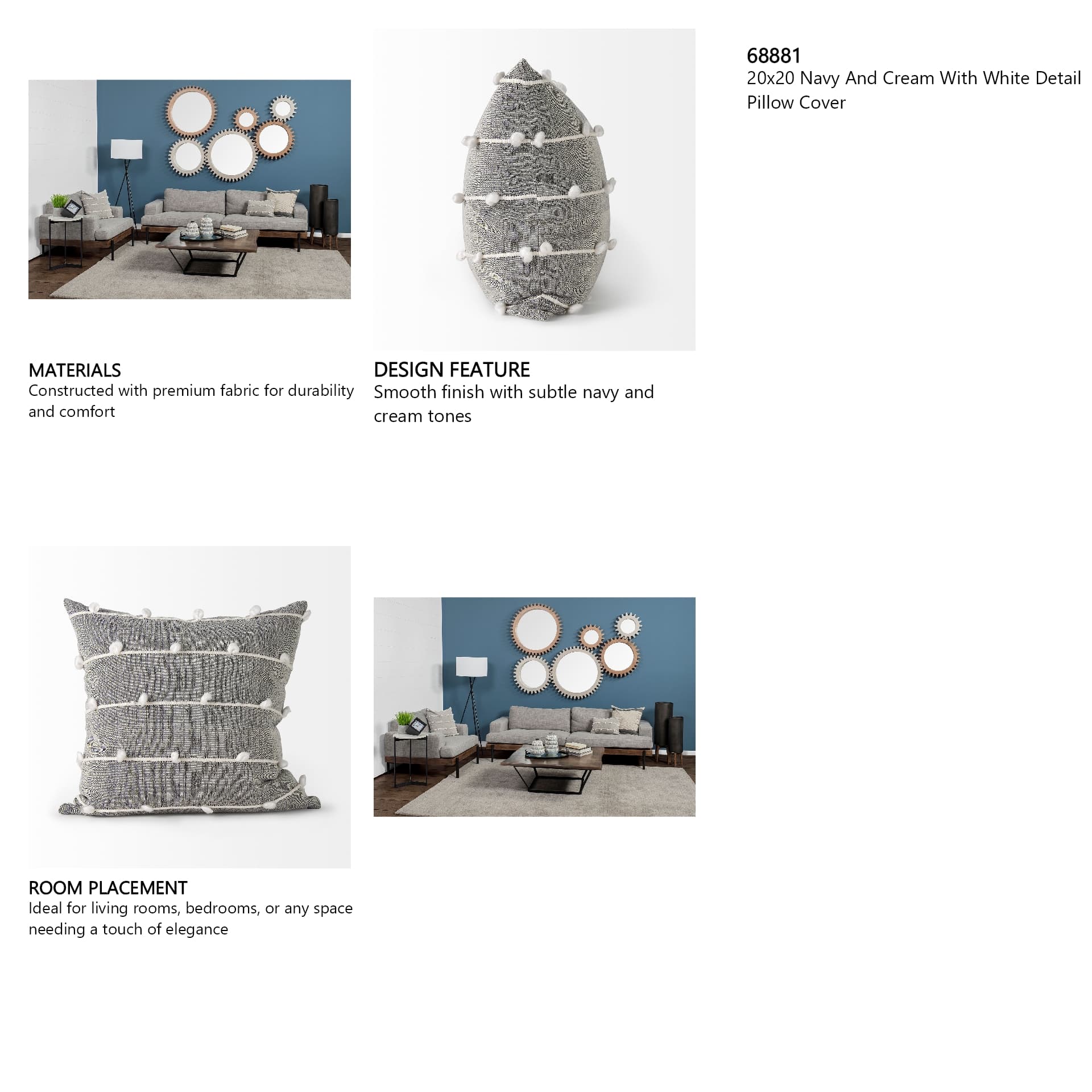 Linda 20x20 Navy And Cream With White Detail Pillow Cover — in a styled room