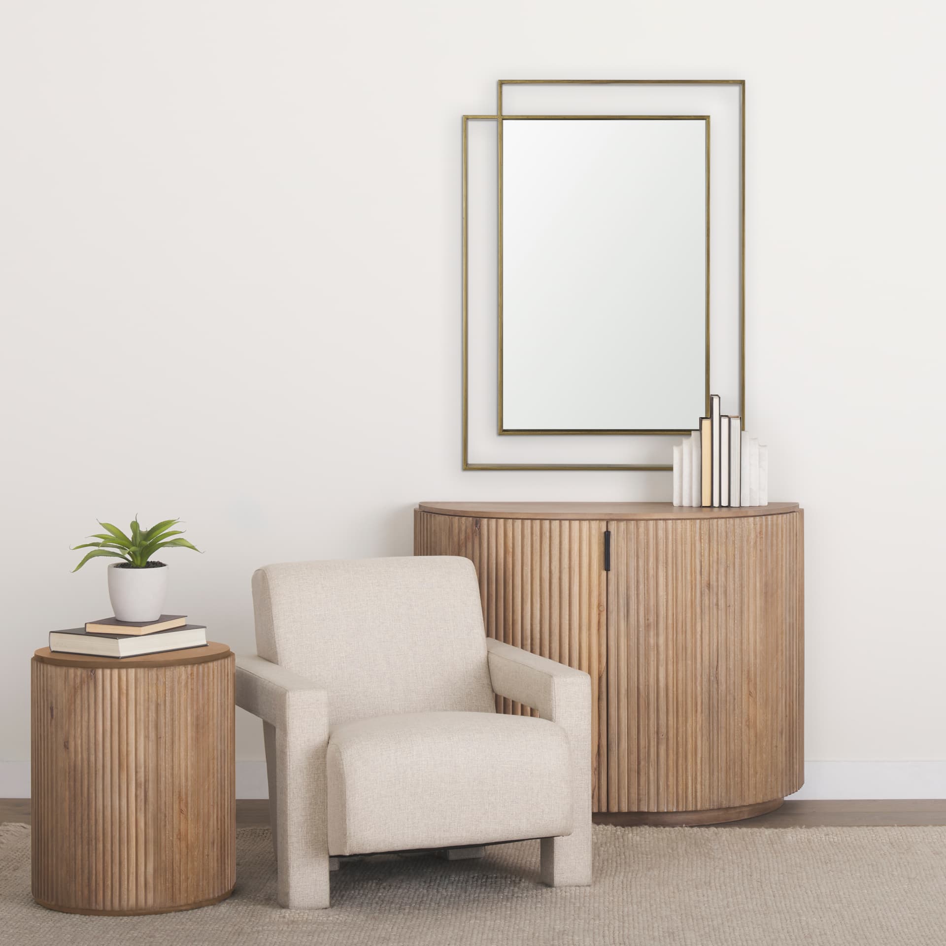 Tiva Rectangular Dual Brushed Gold Metal Framed Mirror — in a styled room