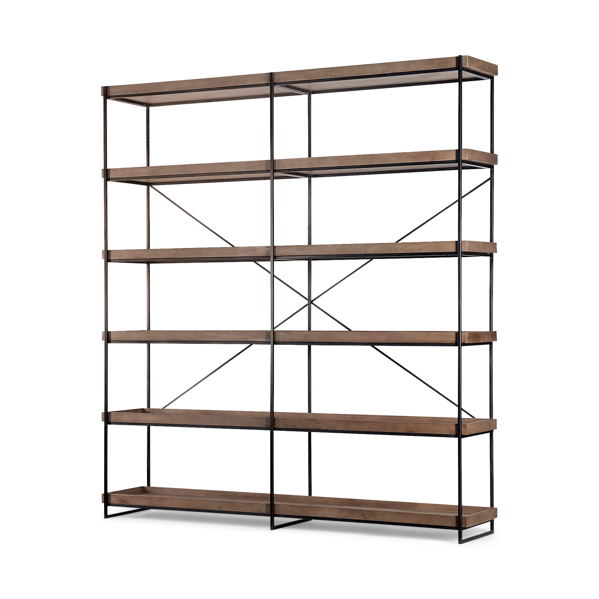 Trey IV 80L x 16W x 87.5H Medium Brown Wood and Iron Five Tray Shelf Shelving Unit — product photograph