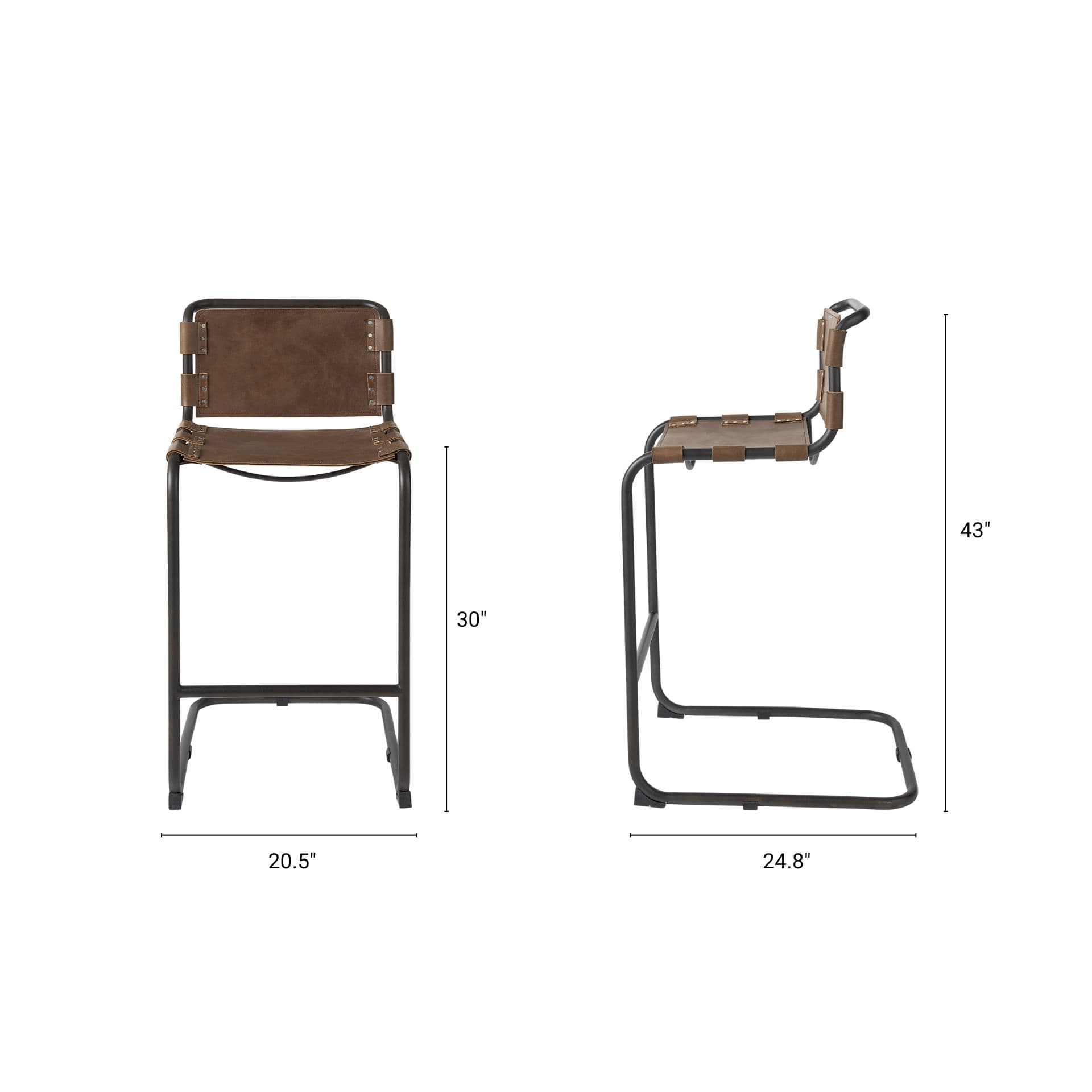 Berbick Low Back 30in Seat Bar Stool | Brown Leather w/ Gray Metal — product photograph