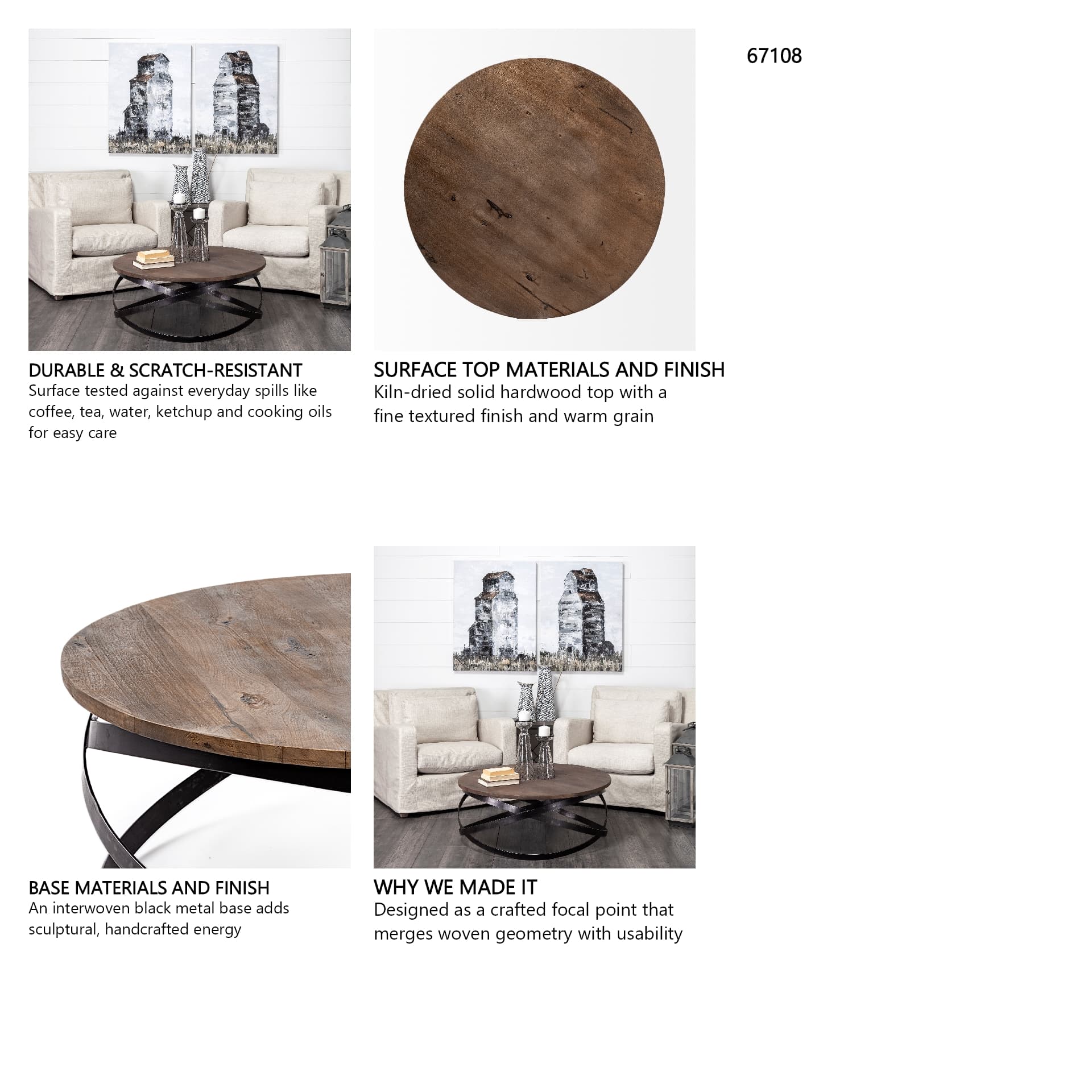Triumph 40" Round Brown Solid Wood Top Black Metal Base Coffee Table — in a styled room