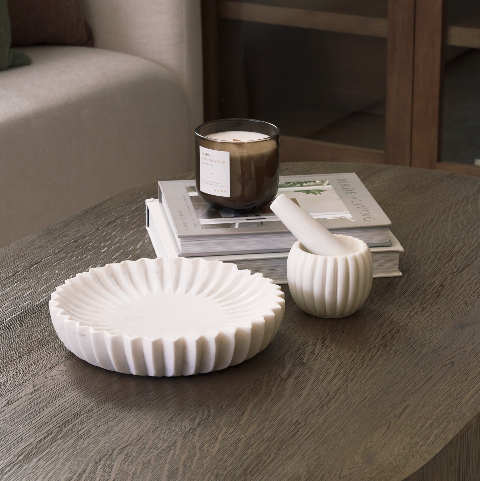 Fiora Round White Marble Scalloped Decorative Bowl — product photograph